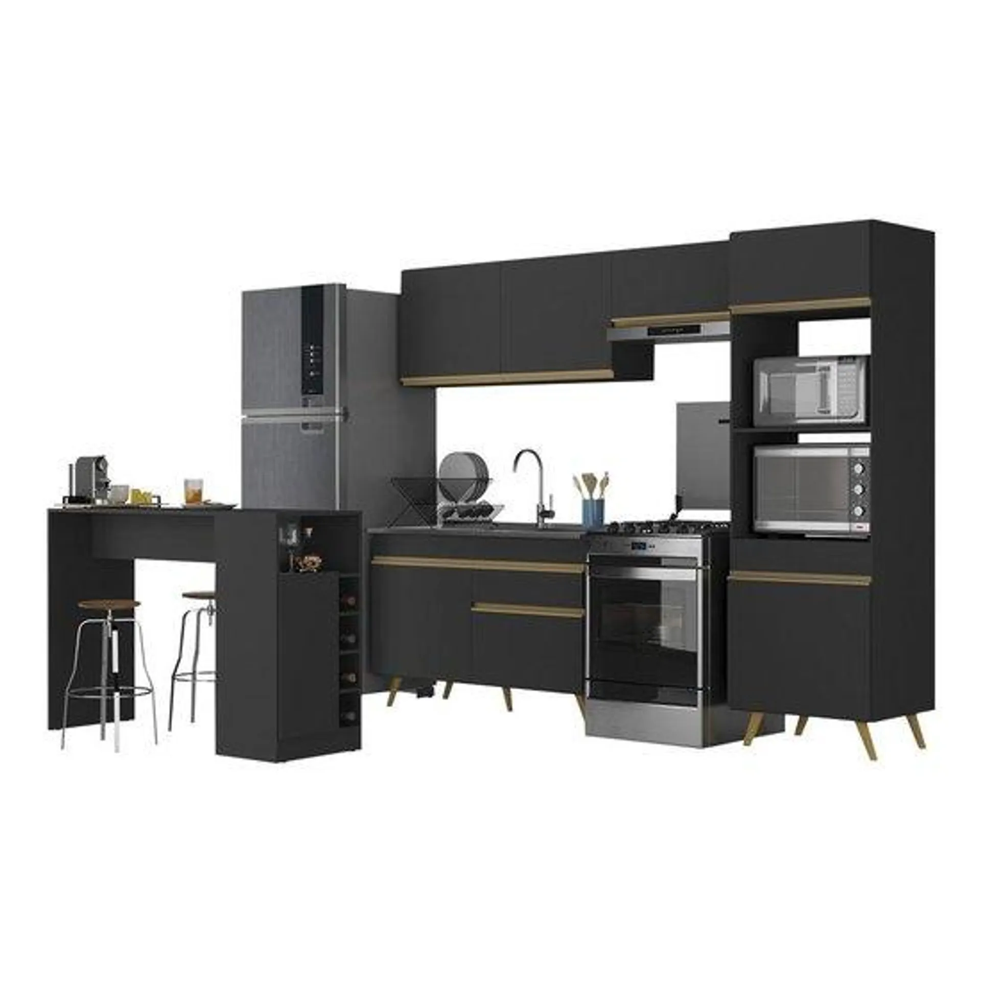 Armário de Cozinha com Bancada/Mesa Gourmet Veneza Multimóveis MP2174 Preto/Dourado