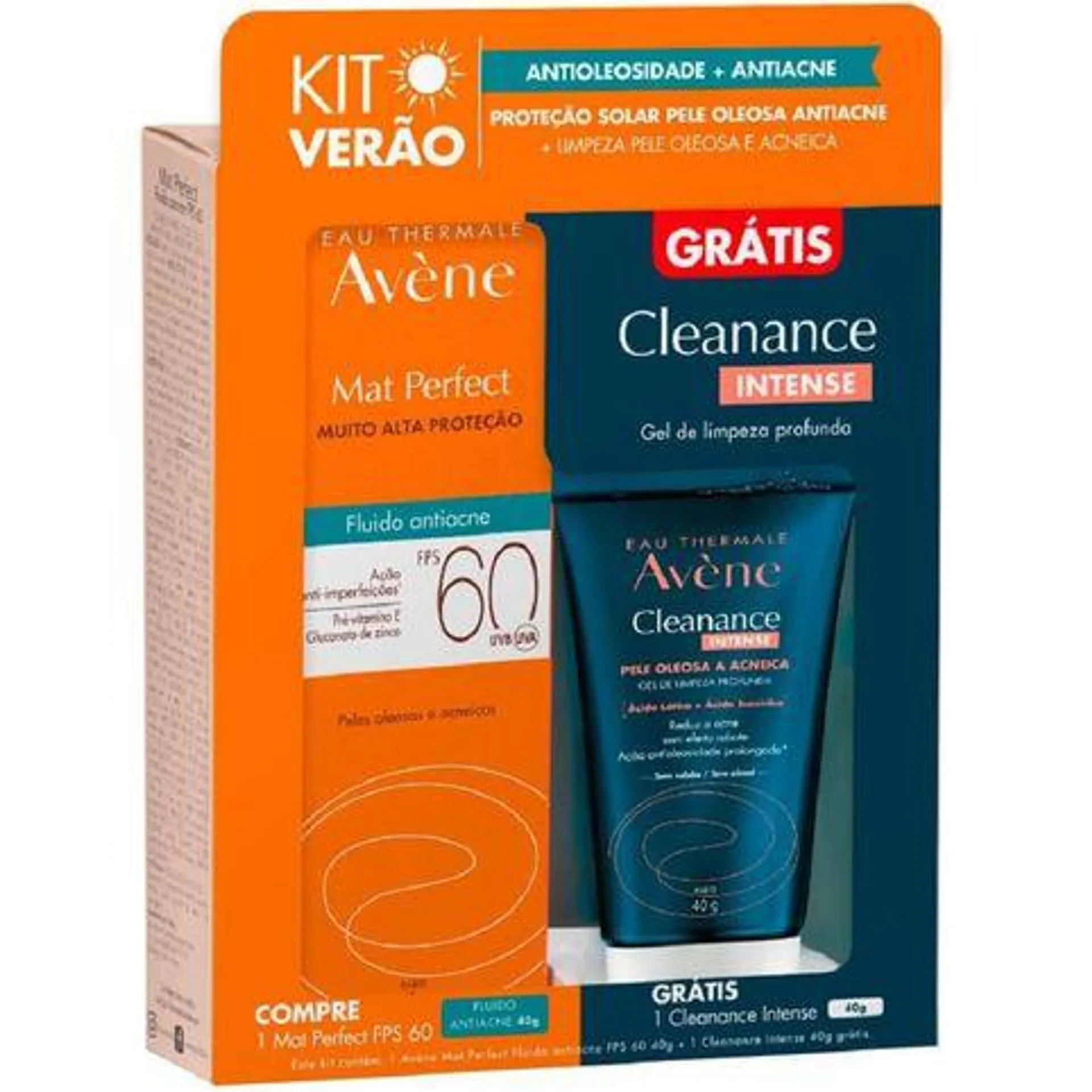 Kit Protetor Solar Avène Mat Perfect FPS60 40g Grátis Gel de limpeza Profunda Cleanance 60ml