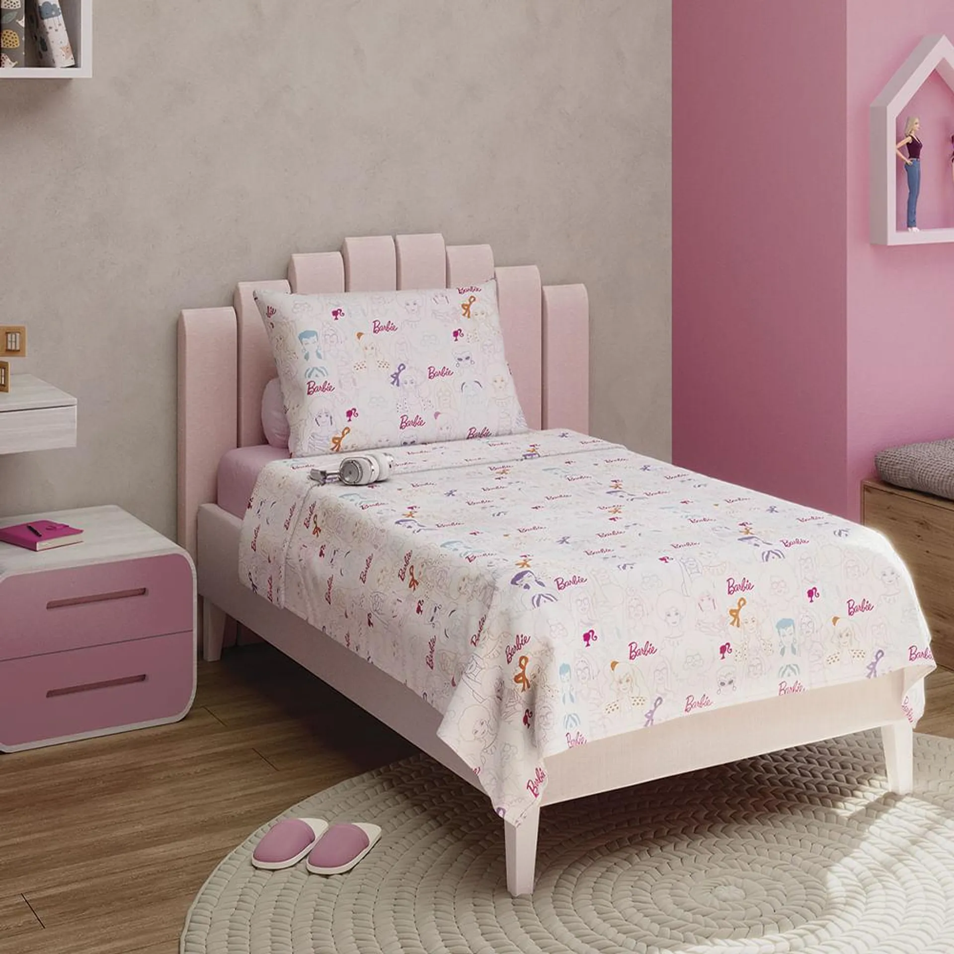Jogo Cama Solteiro Barbie 100% Algodão 3 Peças 140x210cm 5973401 - Lepper