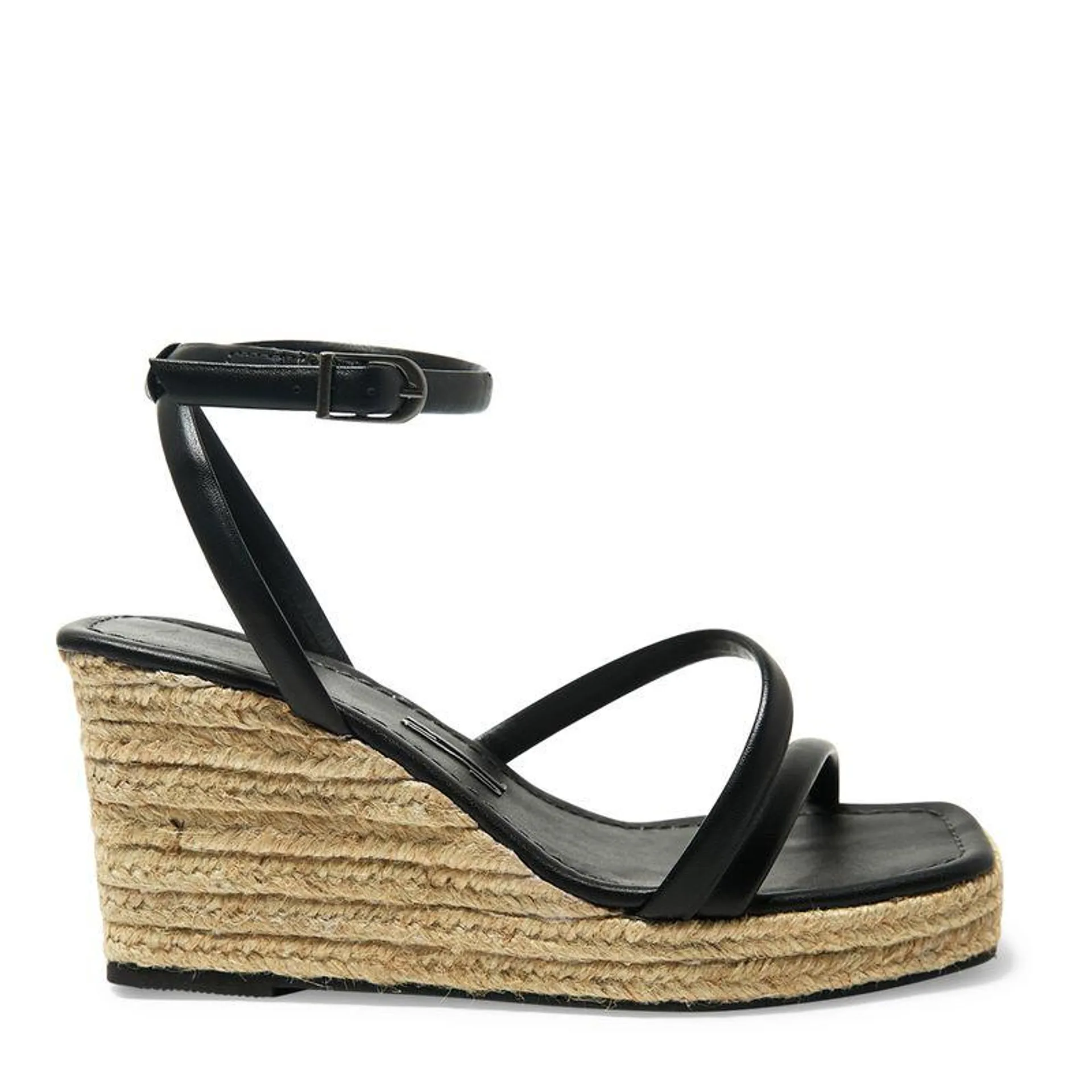 Sandália Espadrille Preta Couro Bico Quadrado