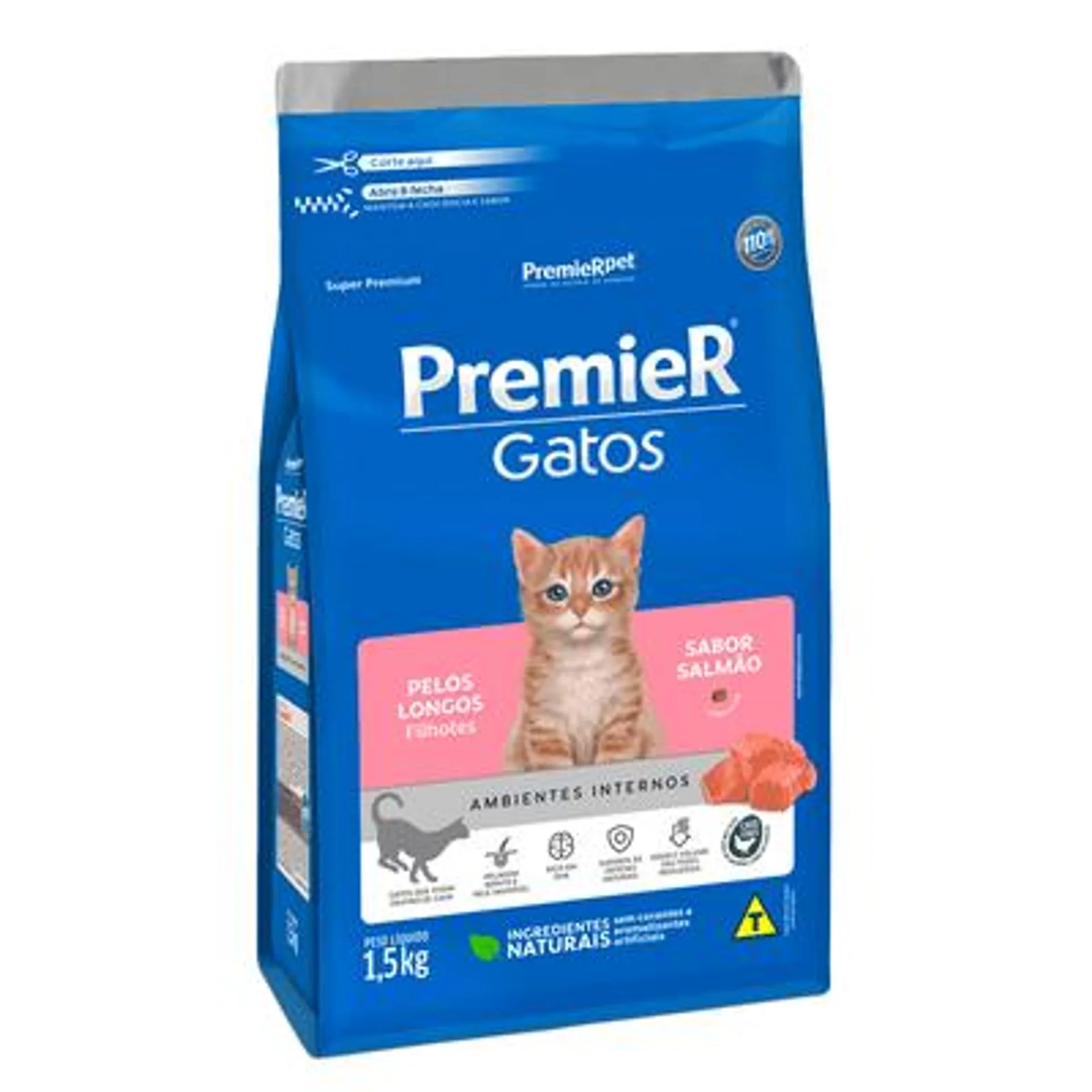 Ração Premier Ambientes Internos Gatos Filhotes Pelos Longos 1,5 kg