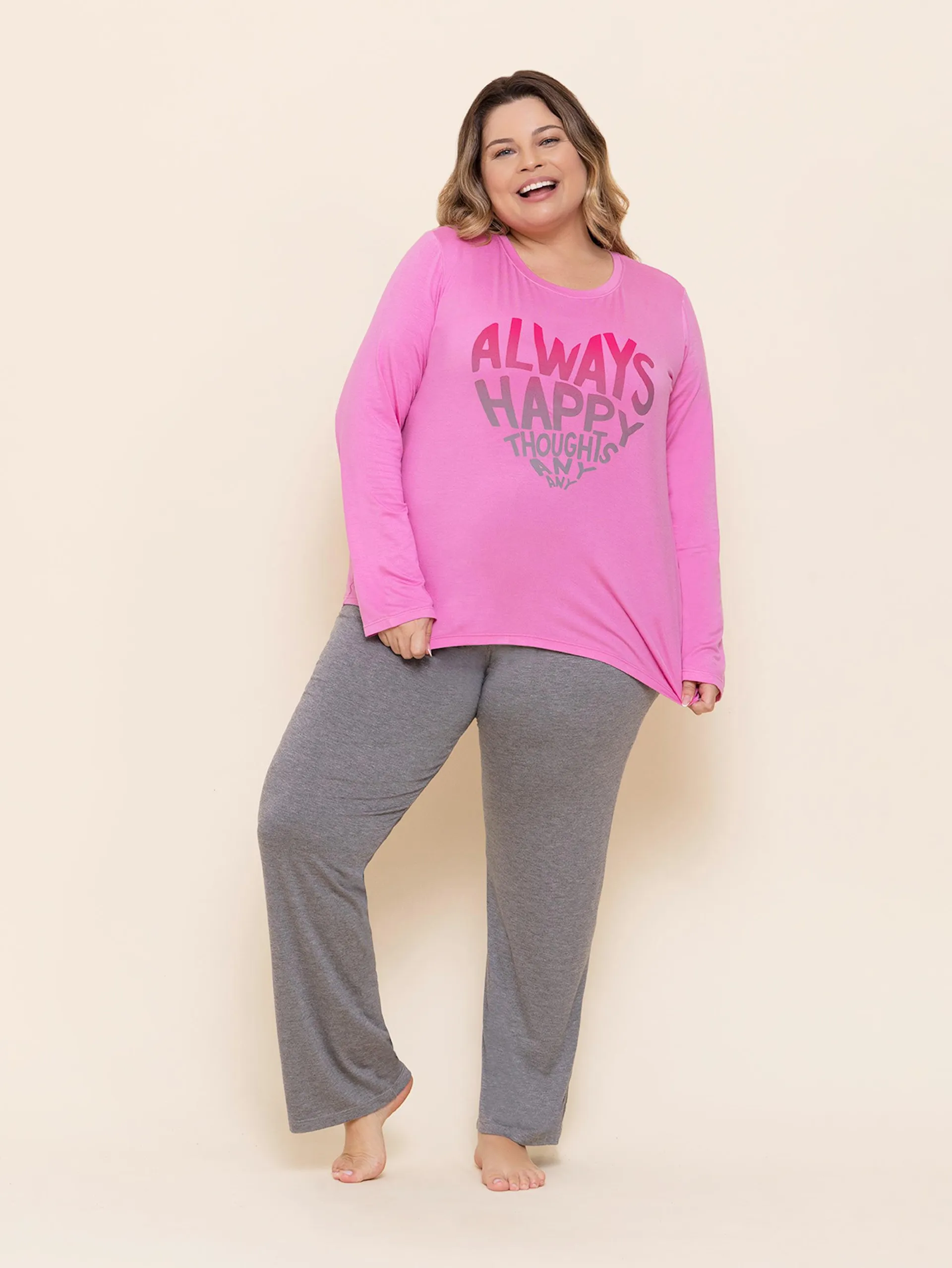 Pijama Feminino Plus Size Manga Longa Pink Shine