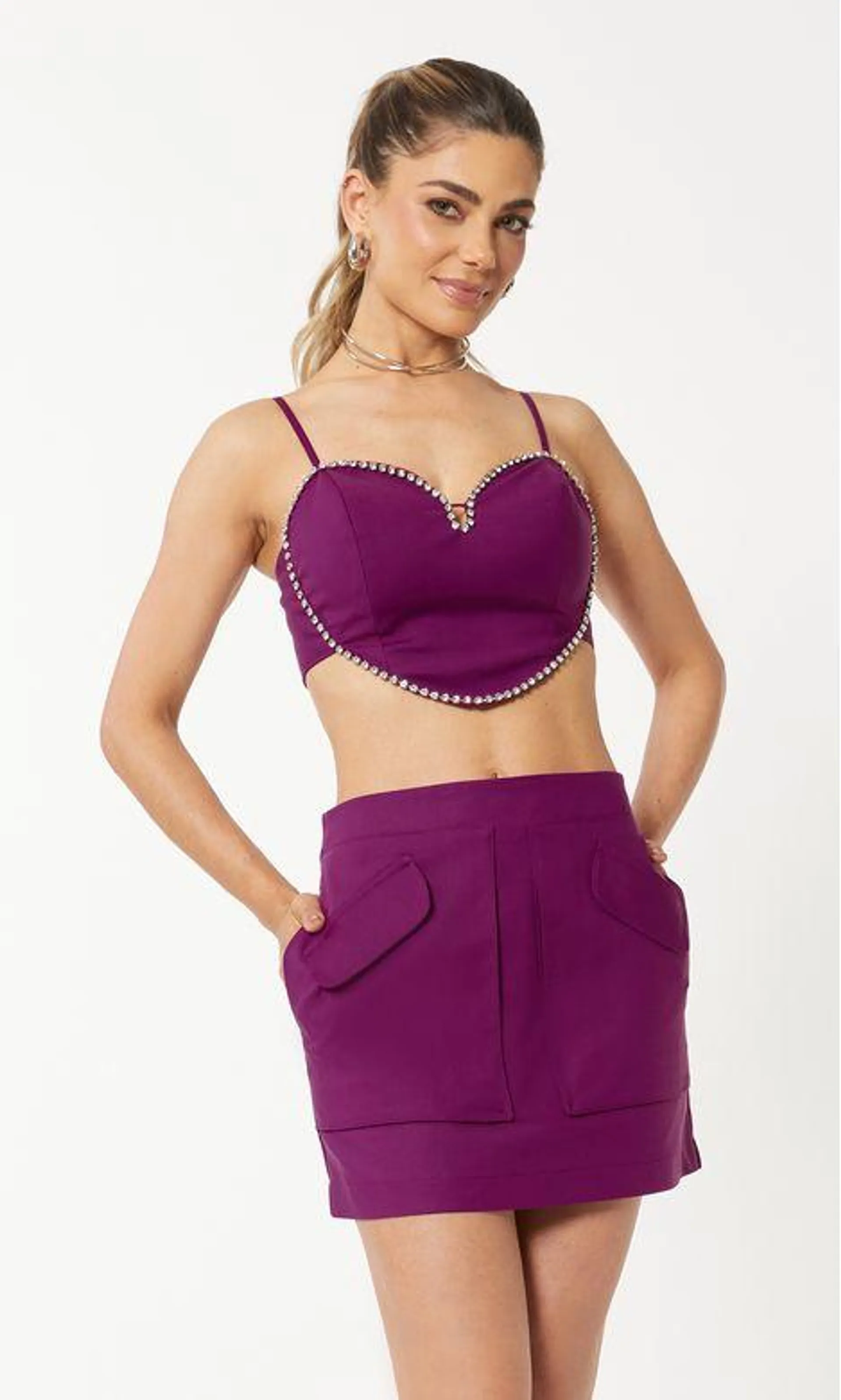 Cropped Coração Bordado Strass - Ultra Violet