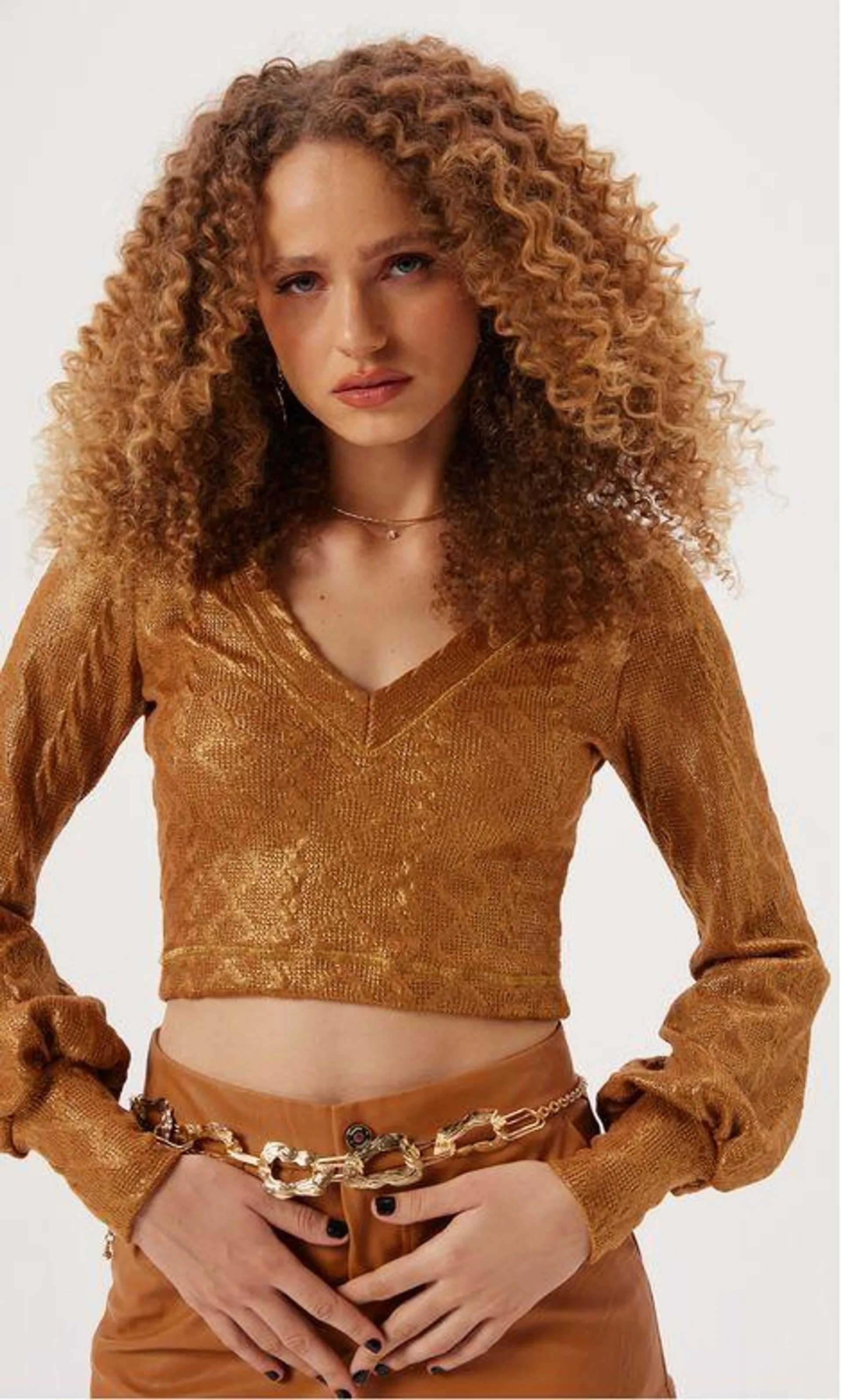 Cropped Tricot Manga Longa Foil - Camel