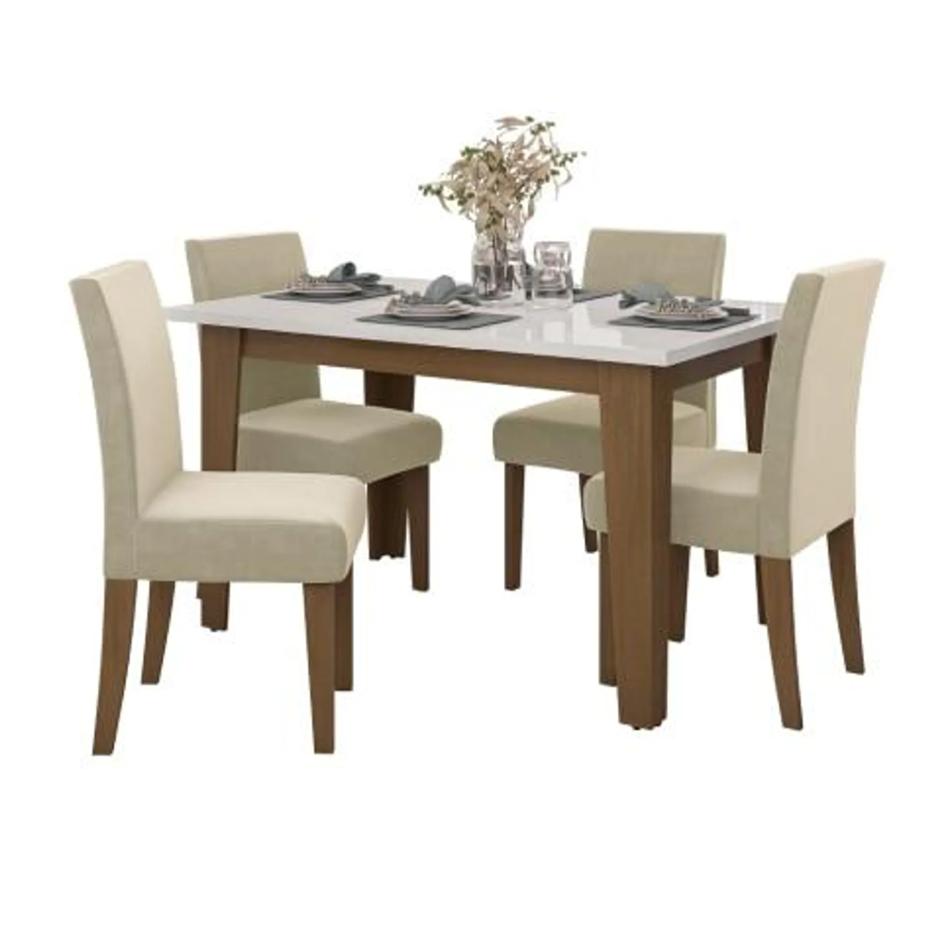 Conjunto de Mesa Sala de Jantar Miami com 4 Cadeiras Trieste Suede 1,20m Cedro / Off White / Areia Dobuê