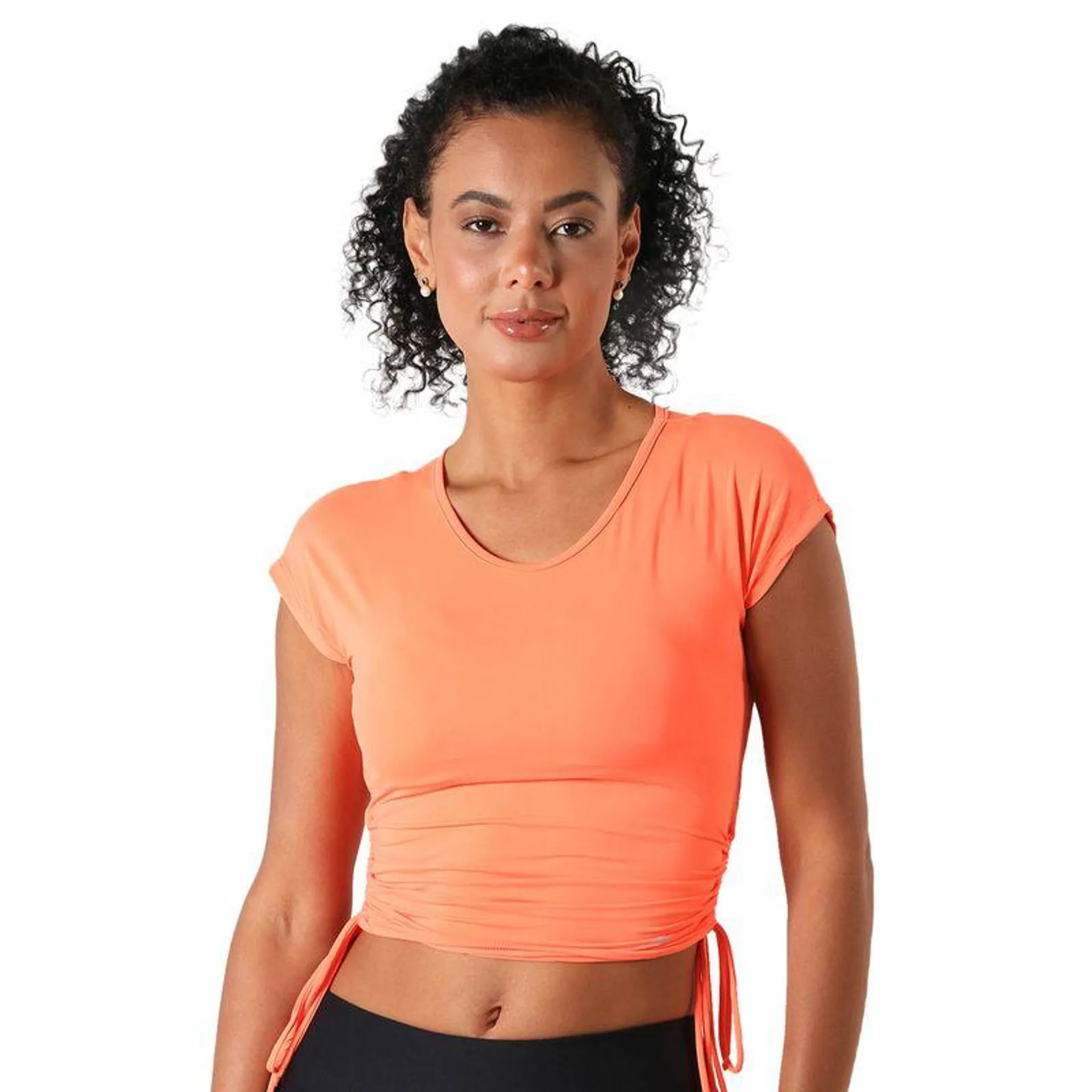 Blusa Feminina Cropped com Franzido Proteção UV Laranja Neon