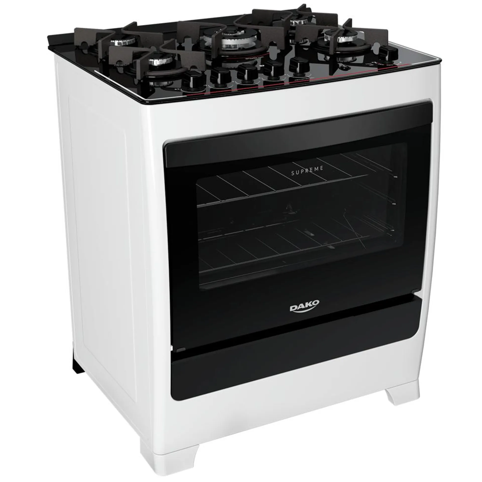 Fogão 5 Bocas de Piso Dako, Acendimento Automático, Forno 100L, Branco - Supreme Glass Bivolt