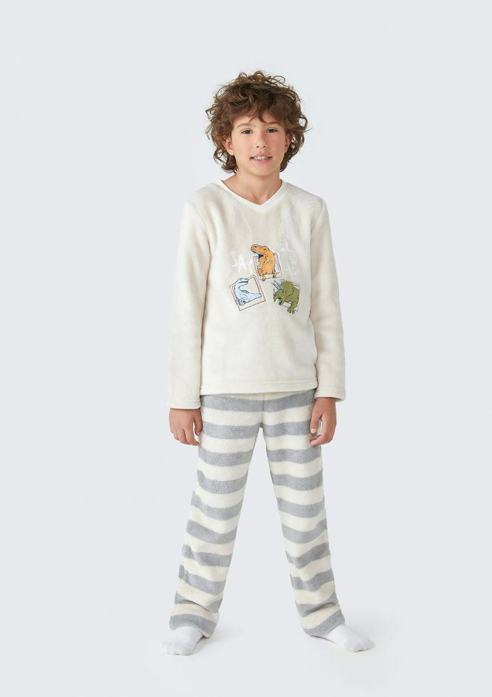 Pijama Infantil Menino Longo Estampado Em Fleece - Off White