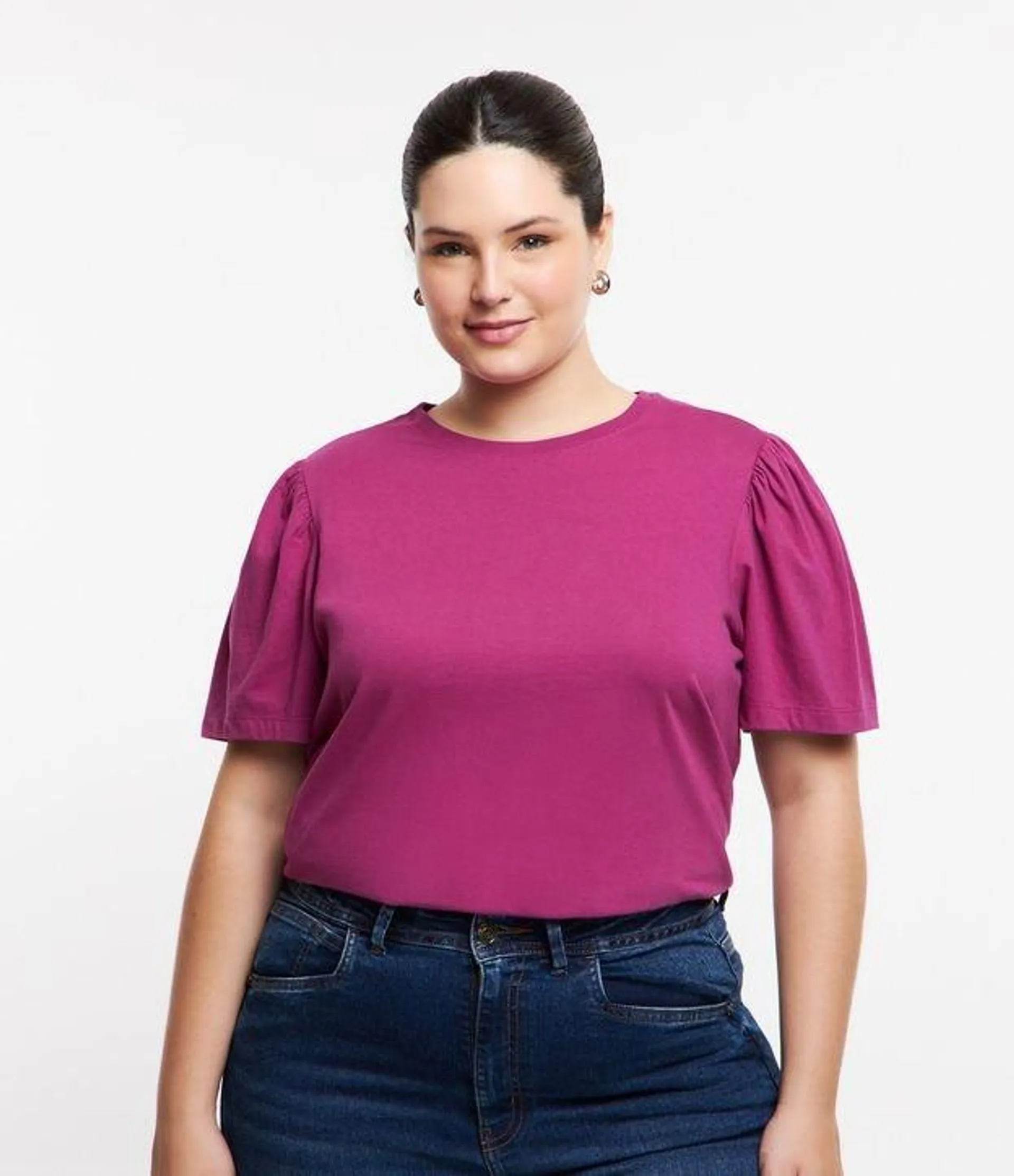 Blusa em Algodão com Manga Bufante Curve & Plus Size Rosa Fucsia