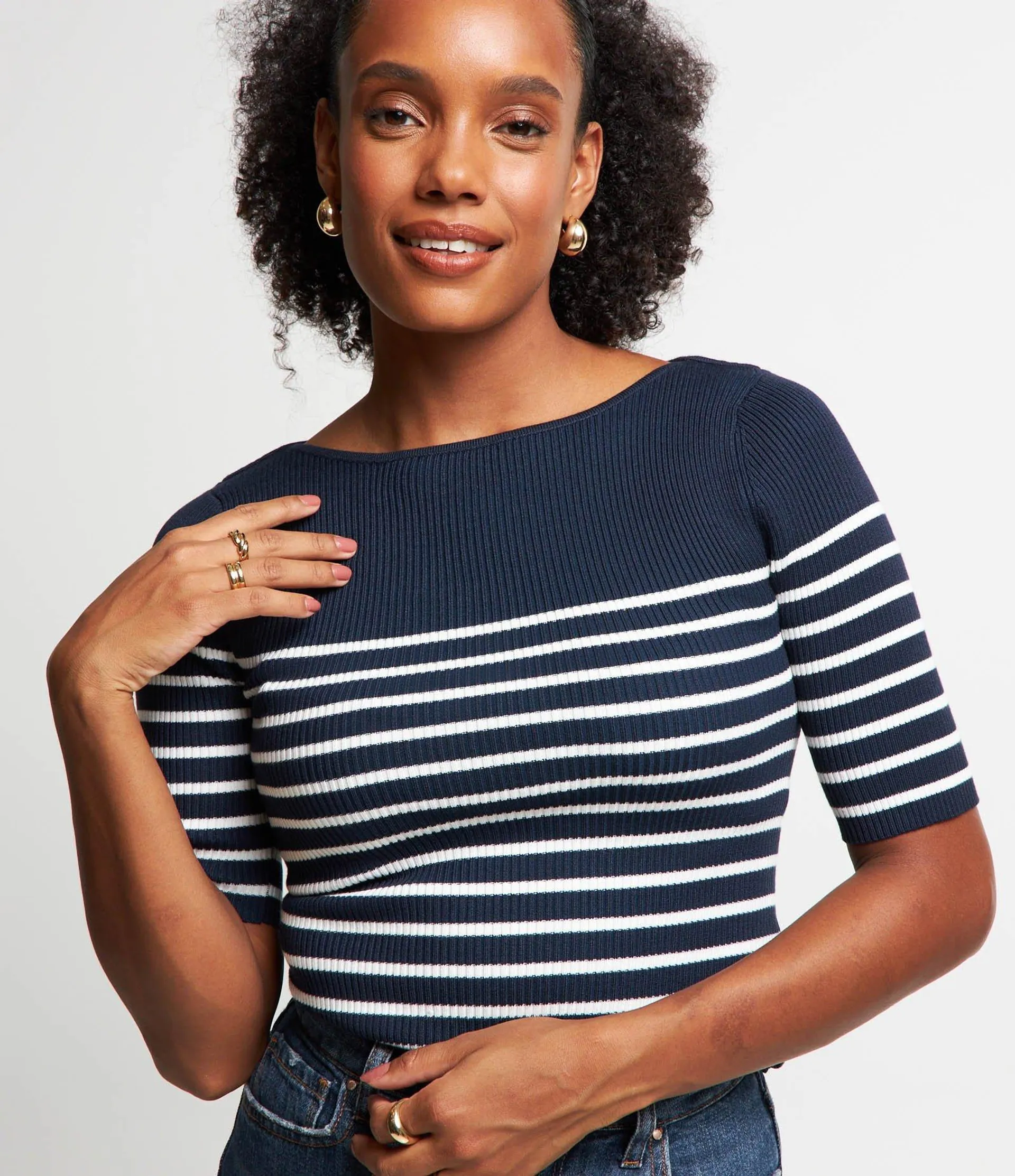 Blusa em Tricõ com Textura Canelada e Estampa Listrada Azul Escuro/ Branco
