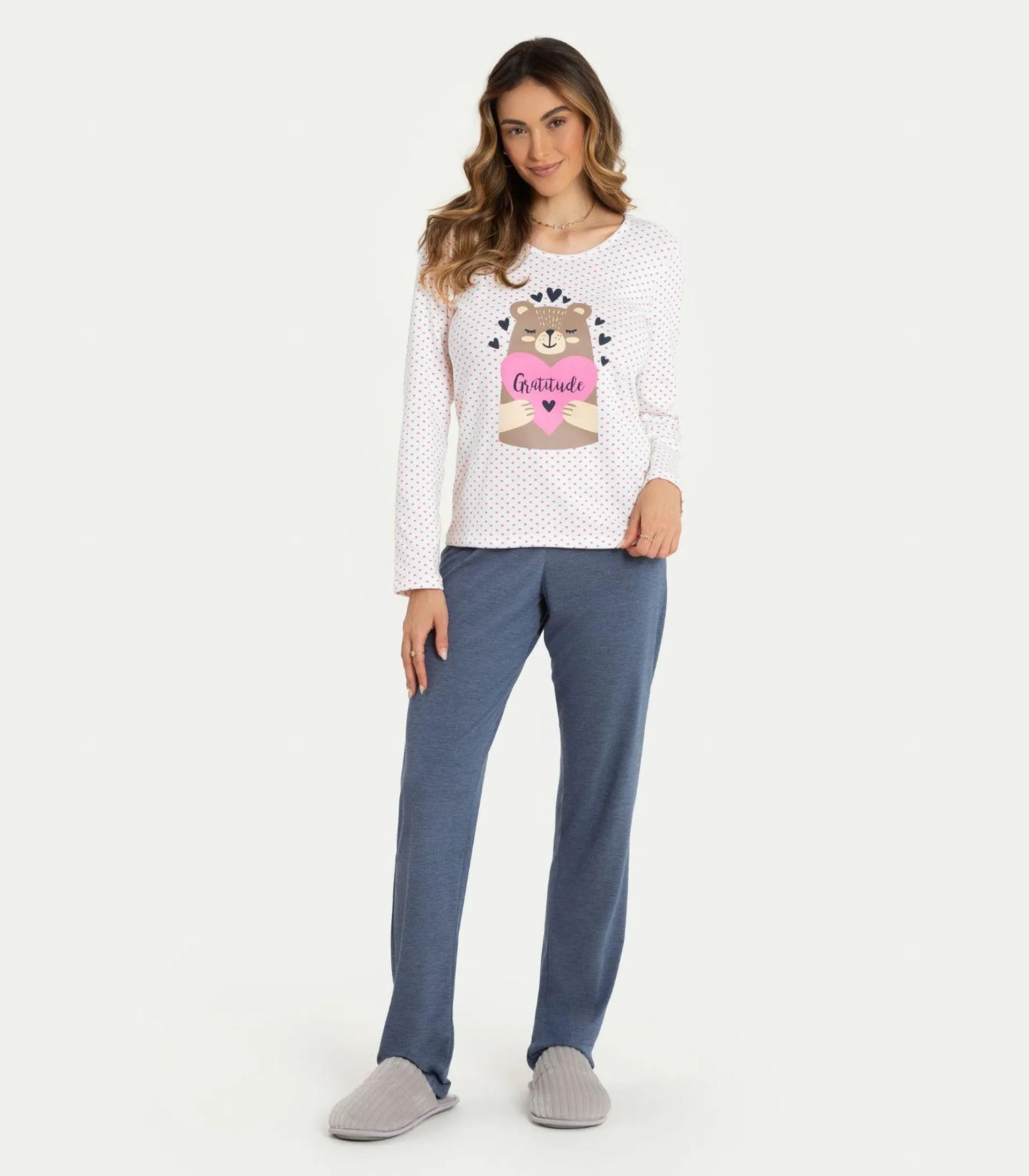 Pijama Manga Longa Poá com Urso Mensageiro Da Paz Branco