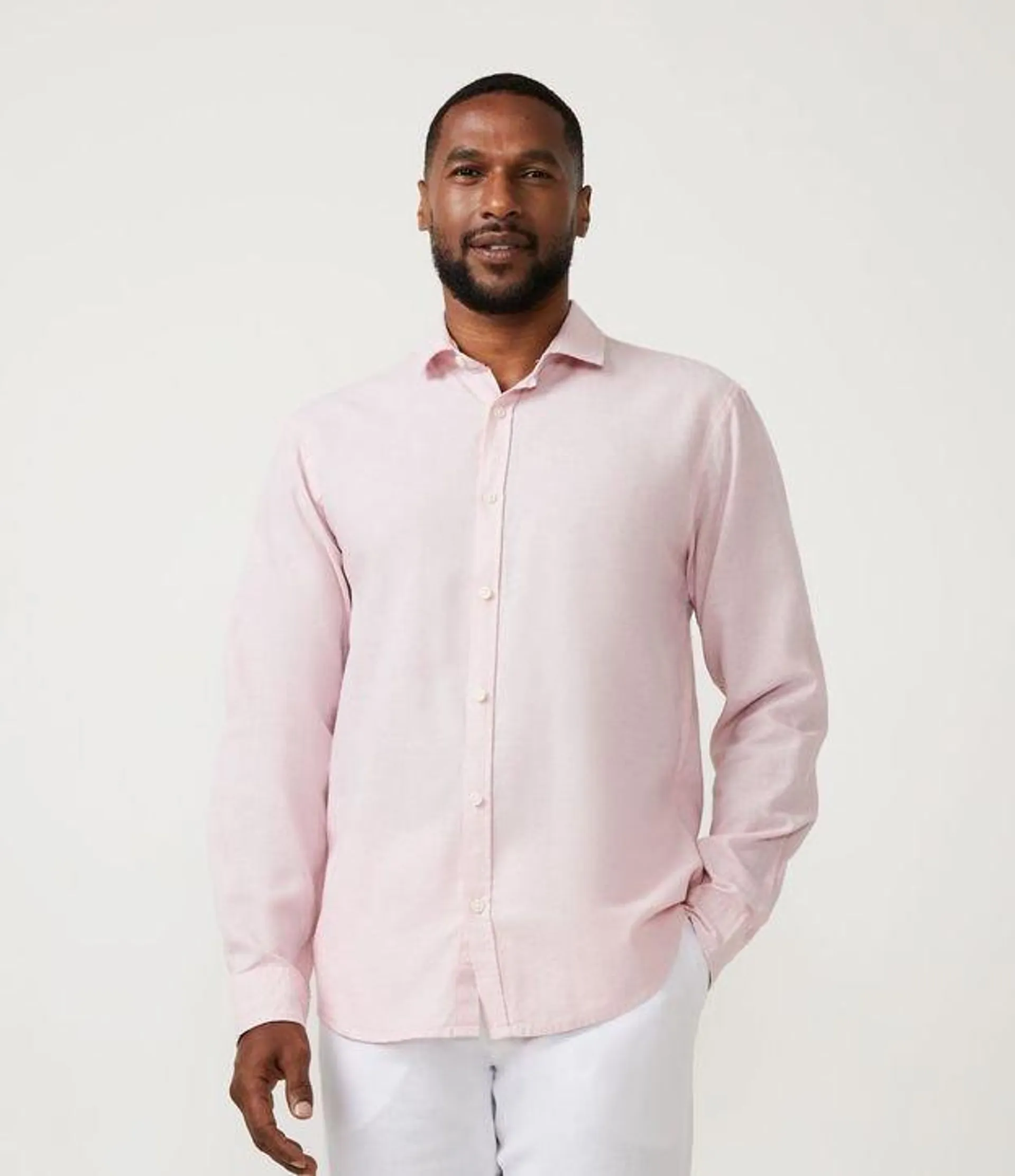 Camisa Comfort Básica em Linho com Gola Colarinho Rosa Claro