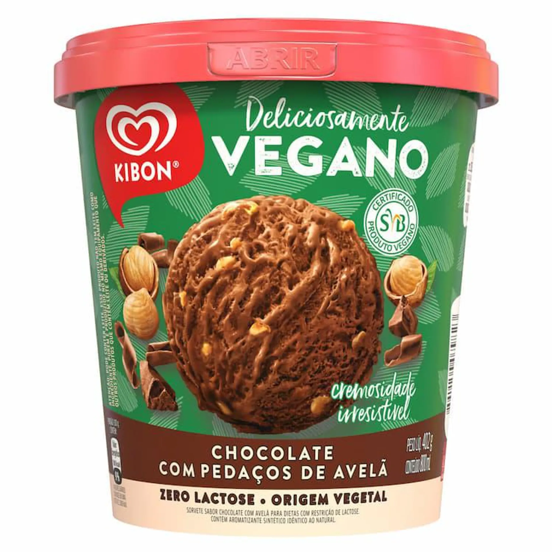Sorvete Vegano Chocolate com Pedaços de Avelã Zero Lactose Kibon Pote 800 ml