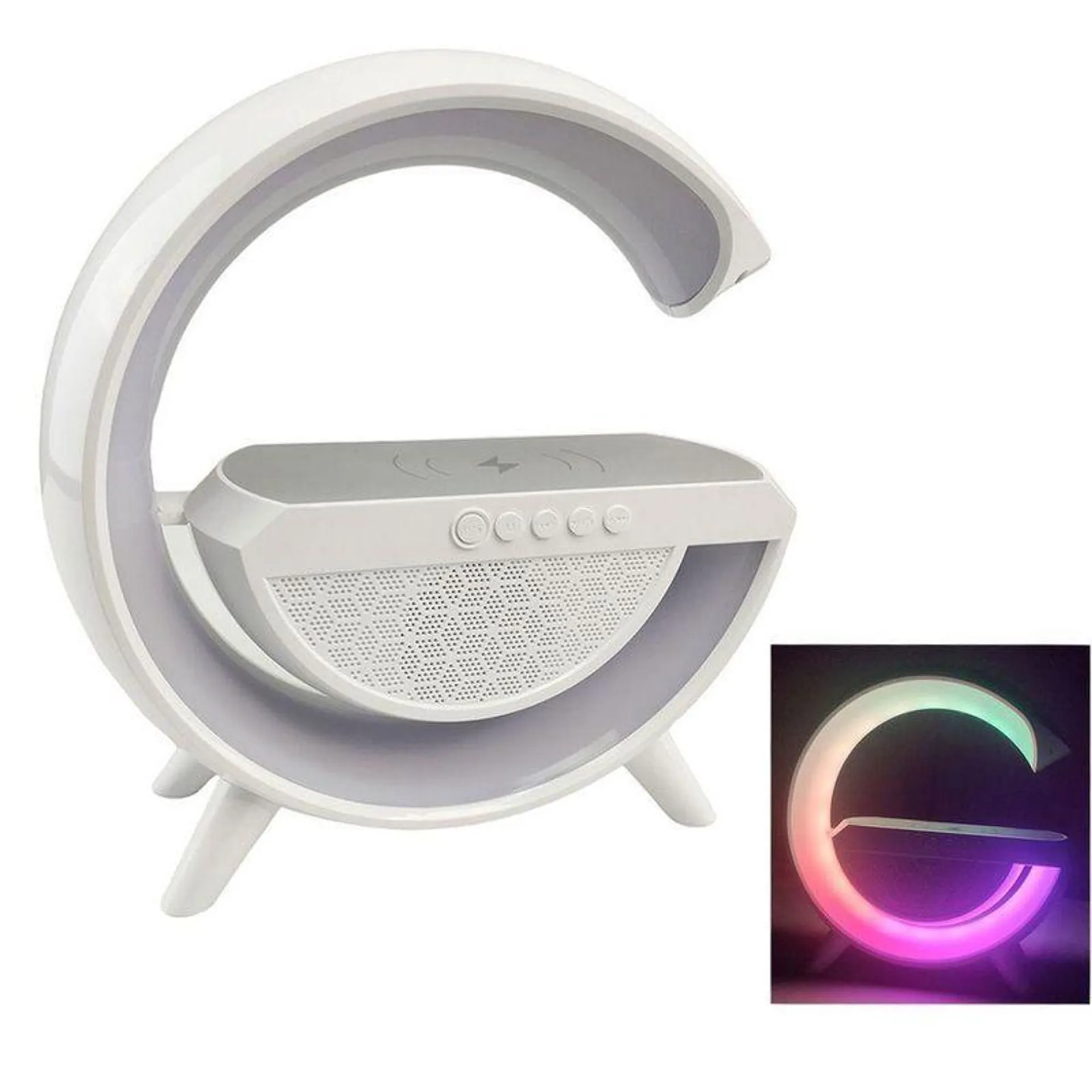 Caixa De Som Luminaria G Led Rgb Carregador Induçao Celular Usb Radio Fm Musica Ambiente Speaker