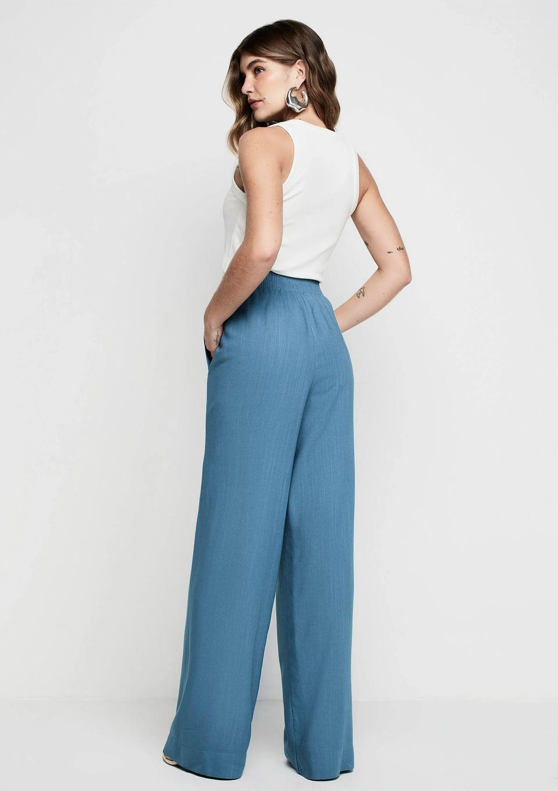 Calça Wide Leg Cintura Alta Com Linho - Azul