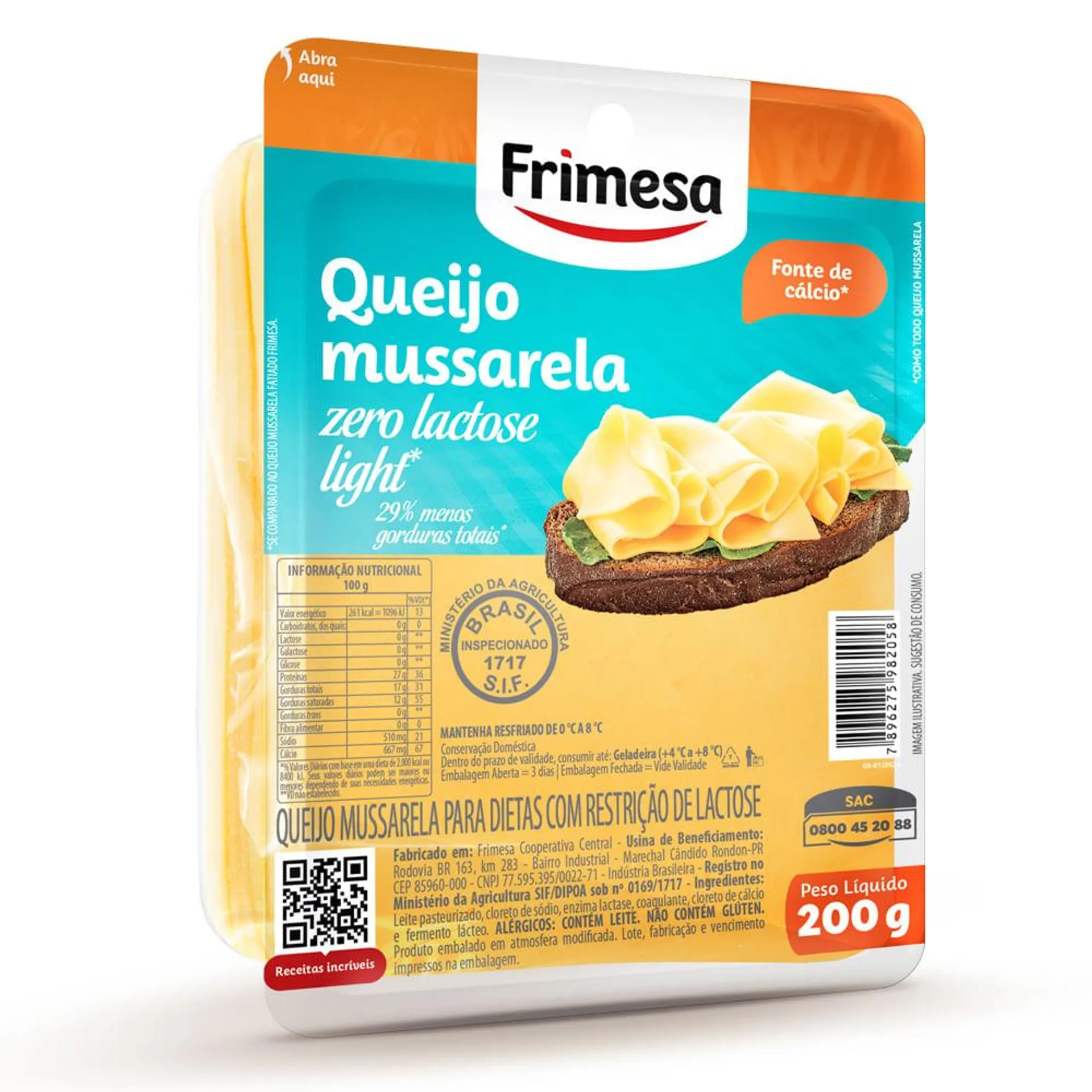 Queijo Muçarela Frimesa 200g Fatiado Sem Lactose Light