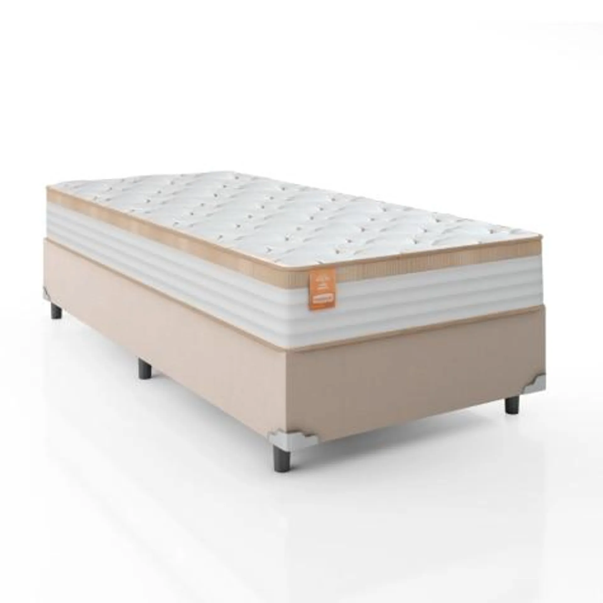 Cama Box Solteiro Colchão Molas Ensacadas Real 88x188x65cm Branco / Bege - Suporta até 130Kg