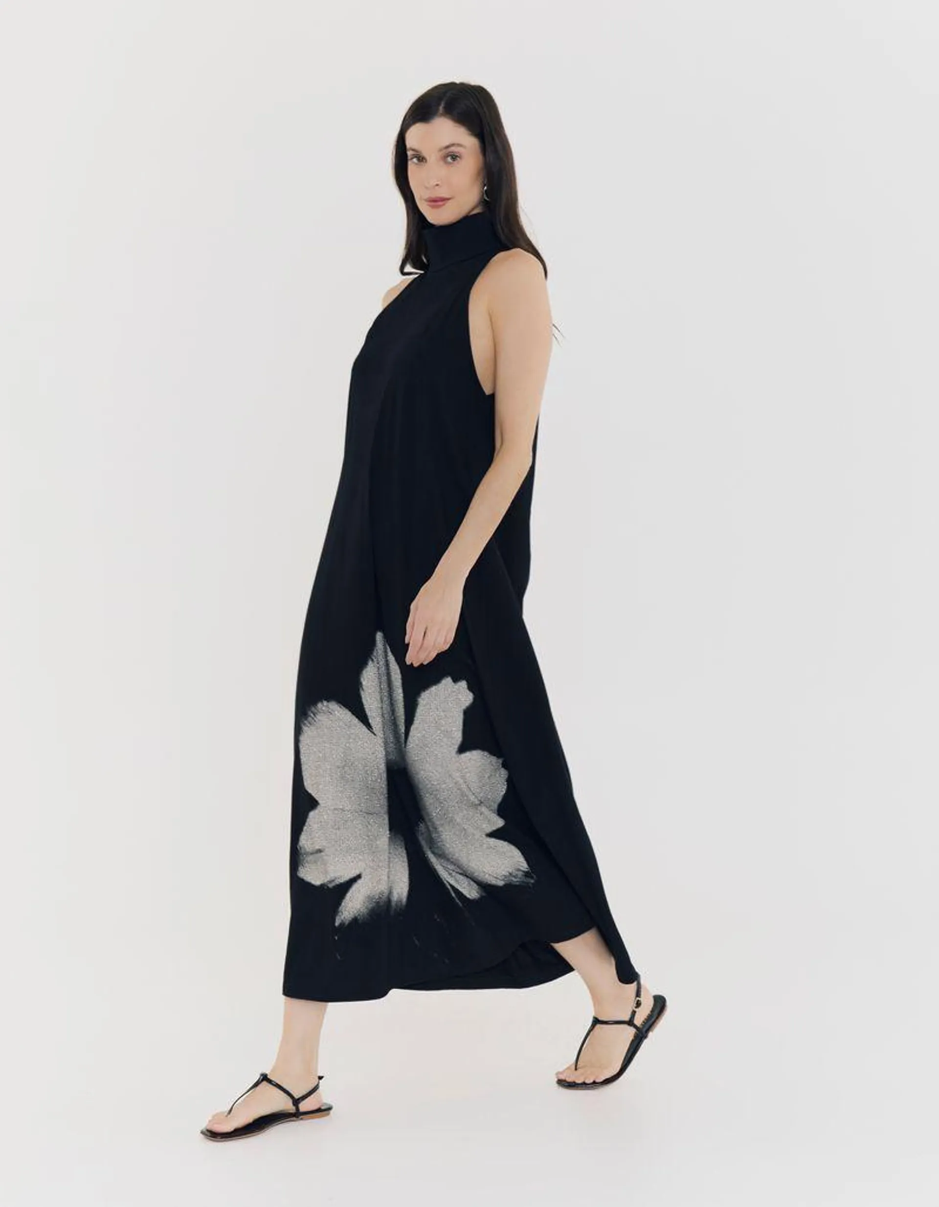 Vestido Malha Midi Est Flor Corrosão - Preto