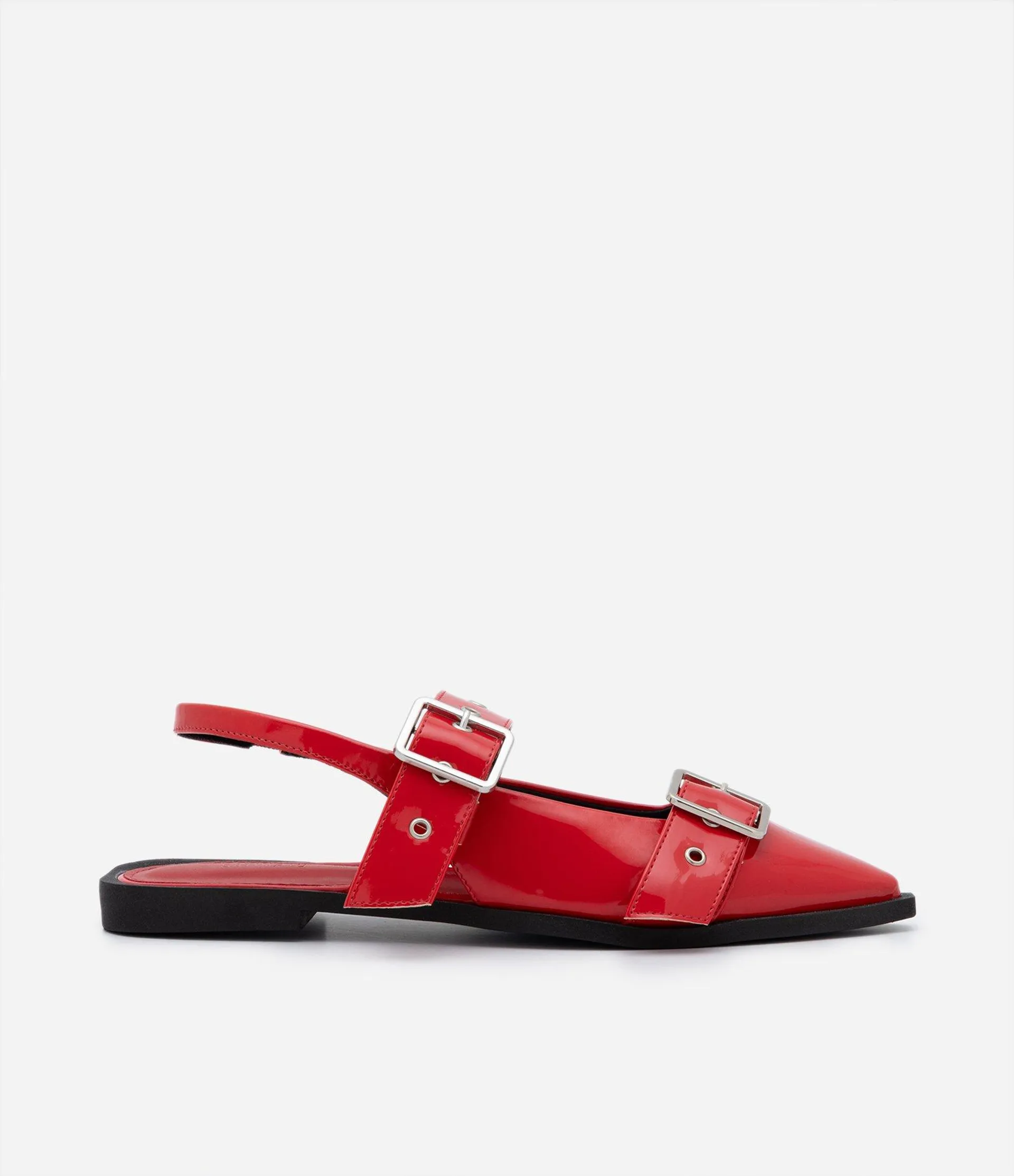 Sapatilha Slingback com Bico Fino e Fivelas Vermelho