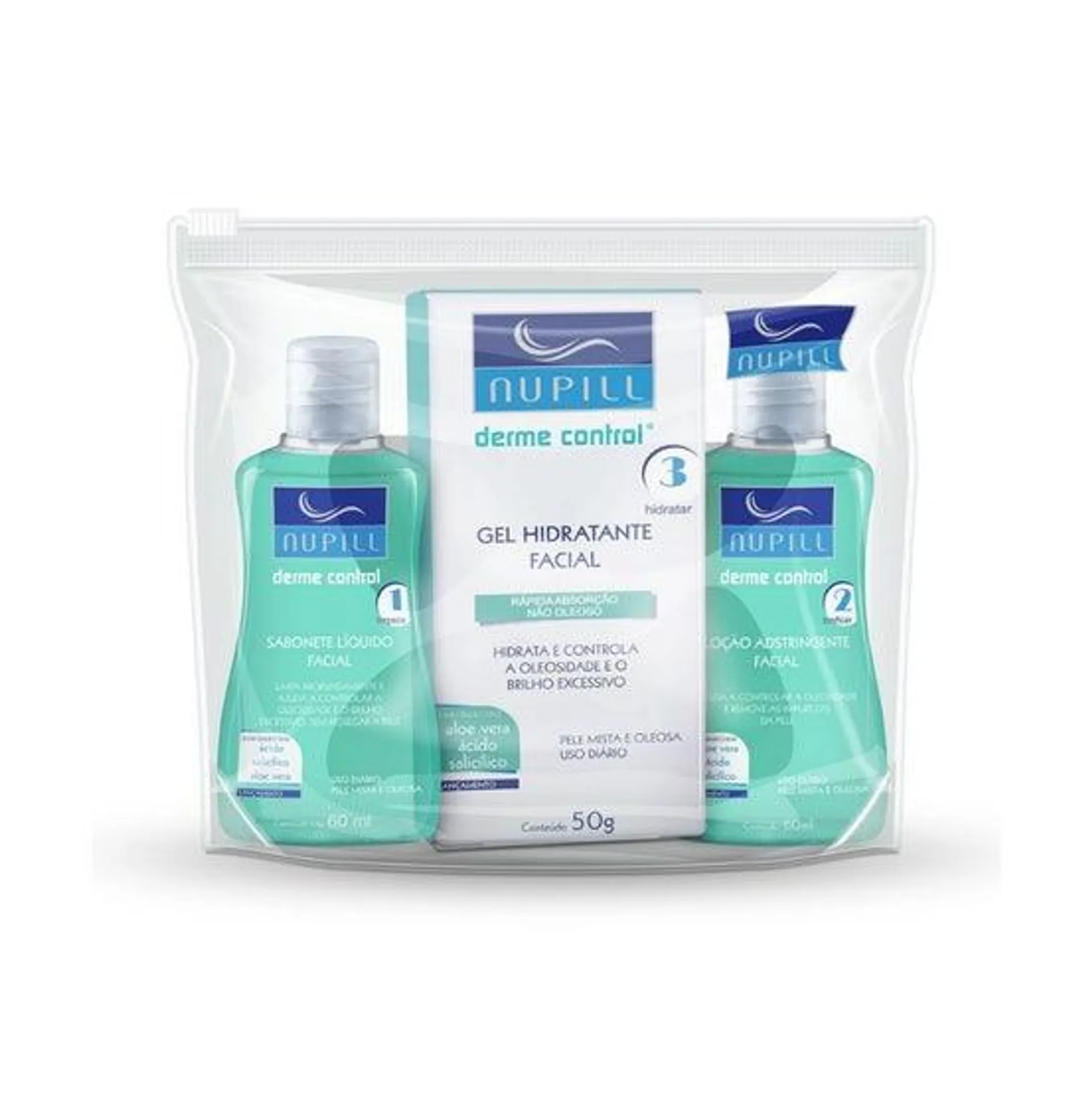 Kit Nupill Travel Sabonete + Loção Adstringente + Gel Hidratante Derme Control