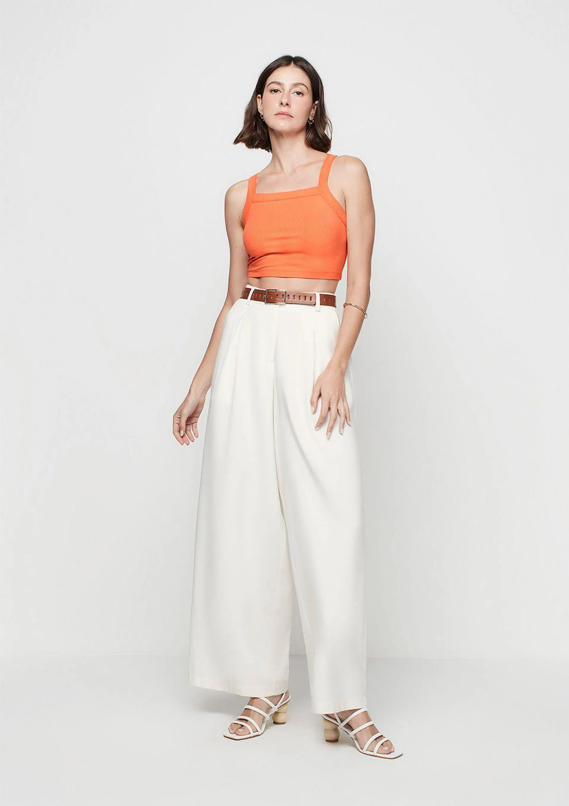 Calça Wide Leg Cintura Alta Em Alfaiataria - Off White