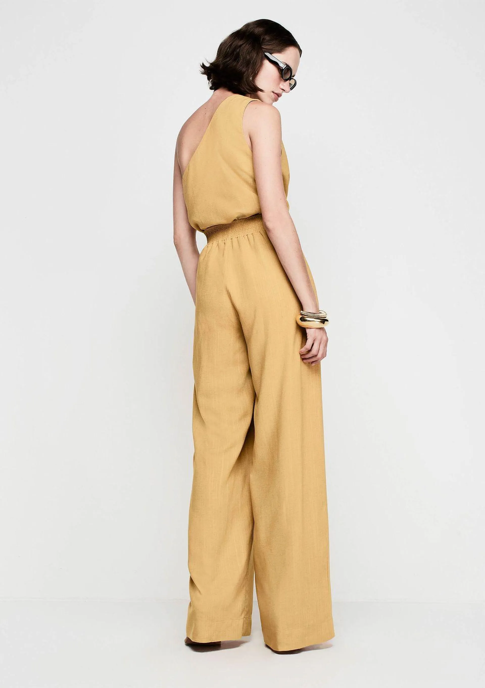 Calça Wide Leg Cintura Alta Com Linho - Amarelo