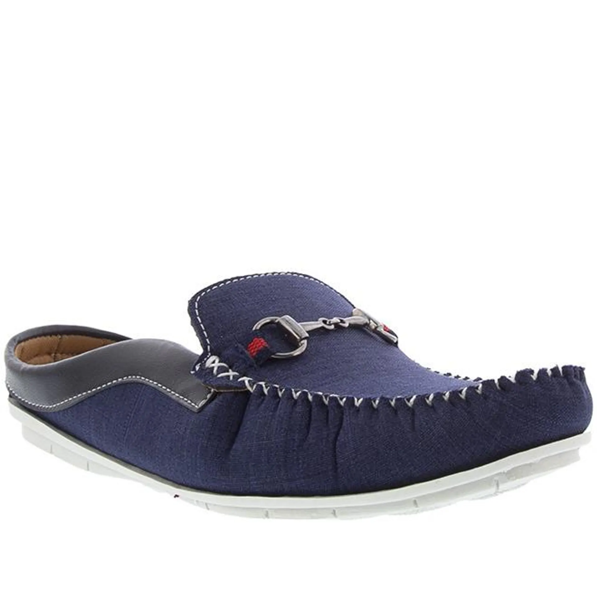 Mocassim Mule Woche Detalhe Fivela Tecido Marinho