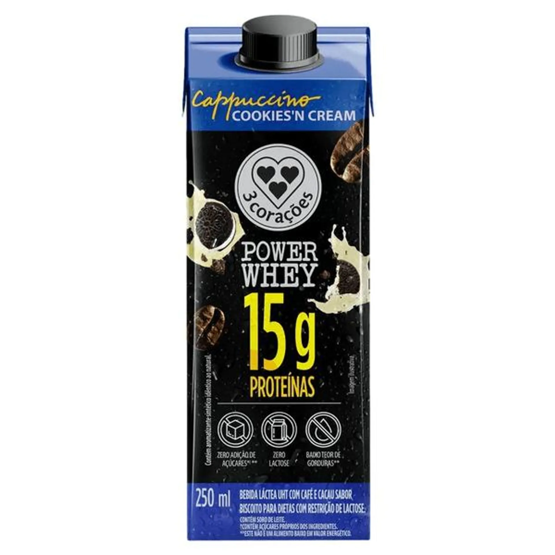 Bebida 3 Corações Cappuccino Power Whey Cookies N Cream 250 Ml