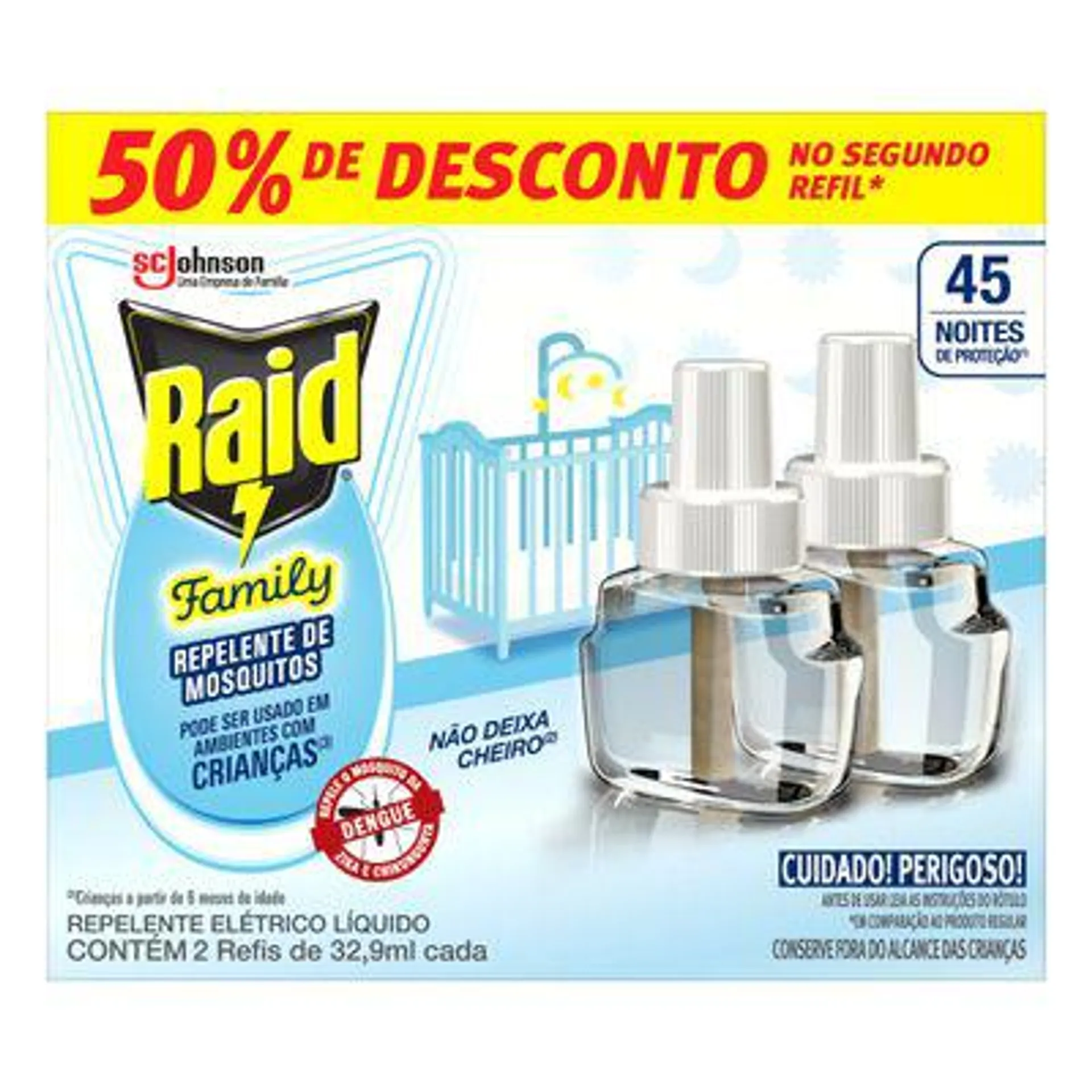 Repelente Líquido Elétrico 45 Noites Raid Family Caixa 2 Unidades 32,9ml Cada Grátis 50% de Desconto no Segundo Refil