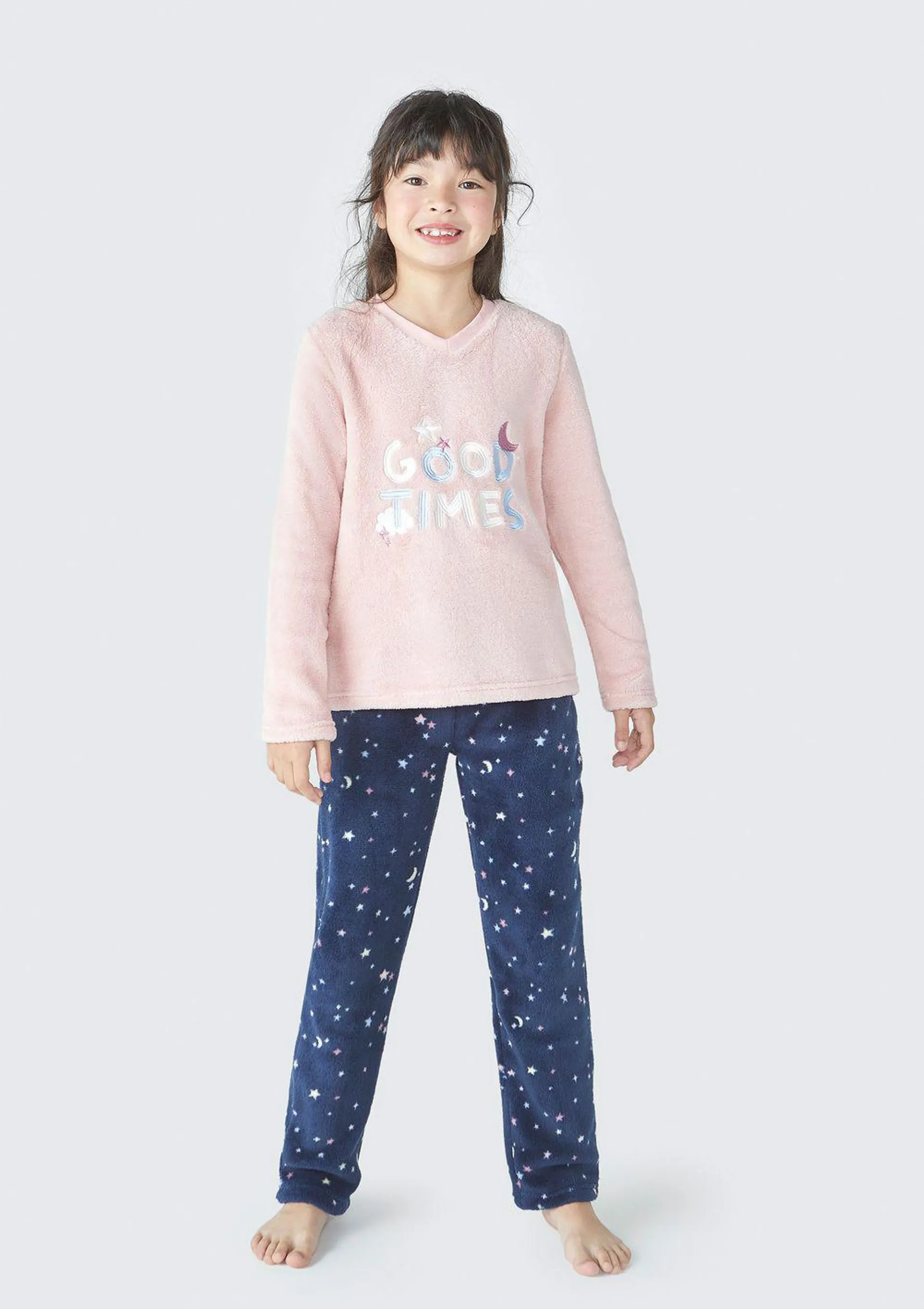 Pijama Infantil Menina Longo Estampado Em Fleece - Rosa
