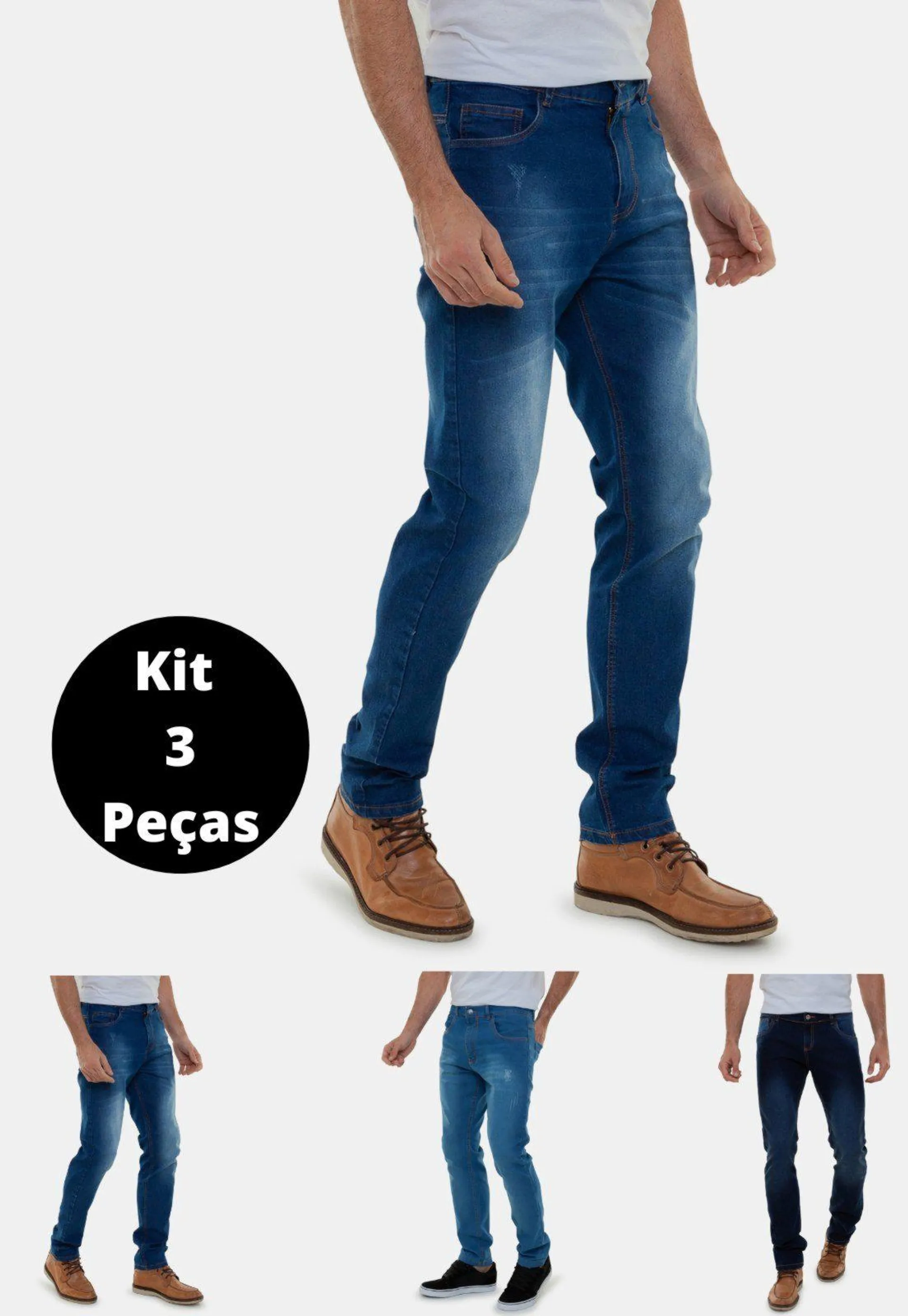 Kit Com 3 Calças Jeans Premium Masculinas Versatti Pompeia Azul