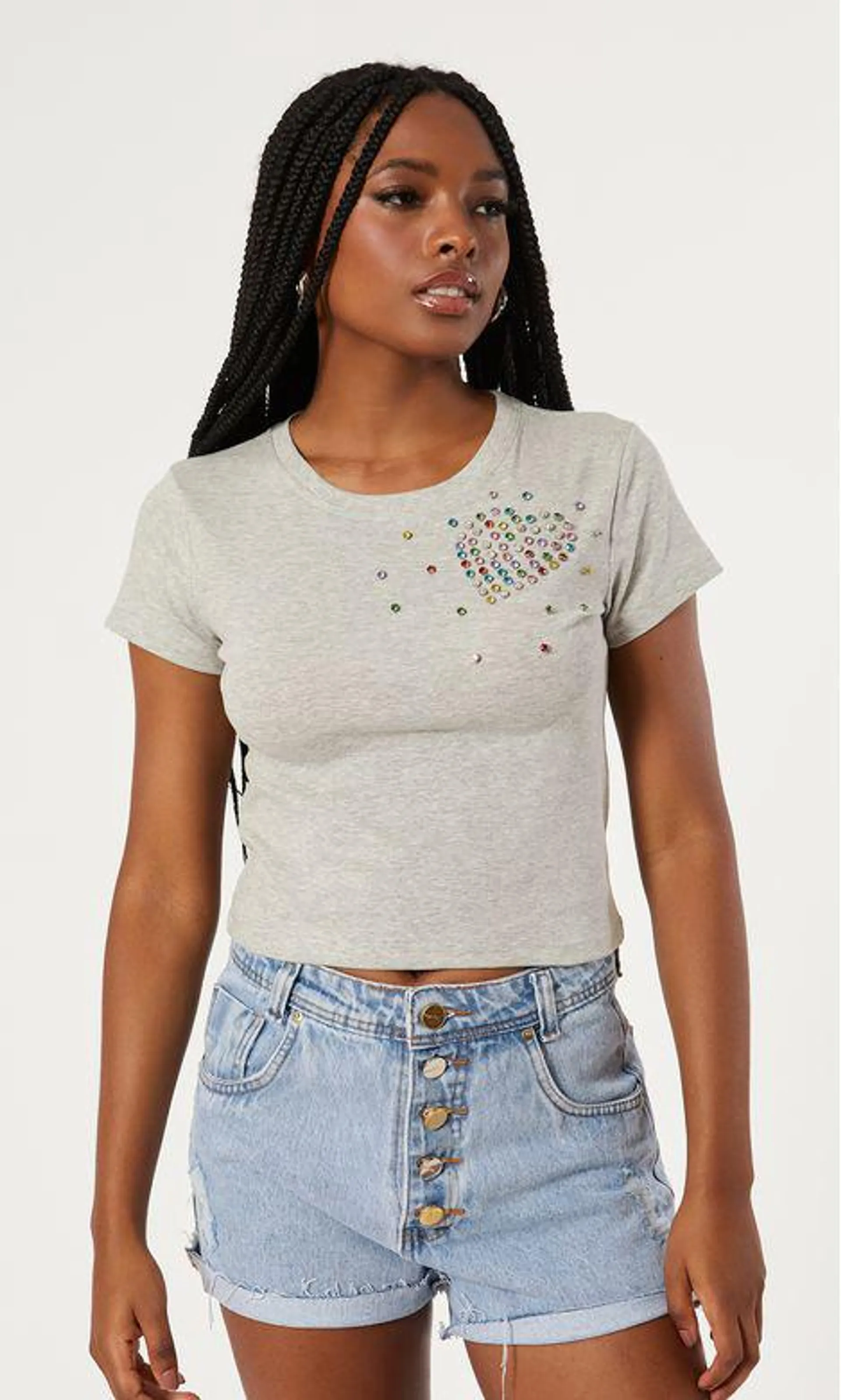 T-Shirt Coração Bordado Pedras Colors - Mescla