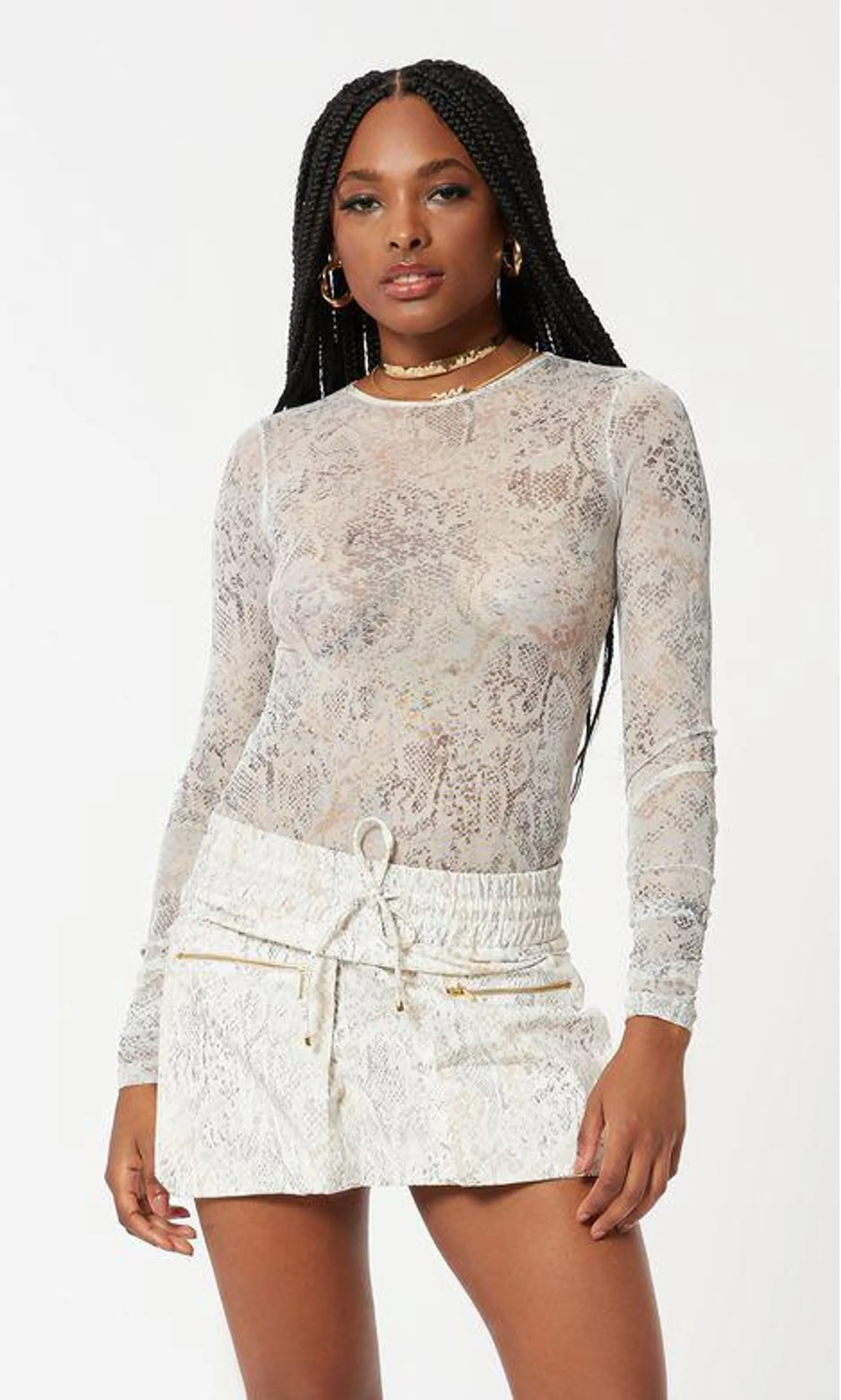 Blusa Tule Estampa Cobra Manga Drapeada - Est Cobra