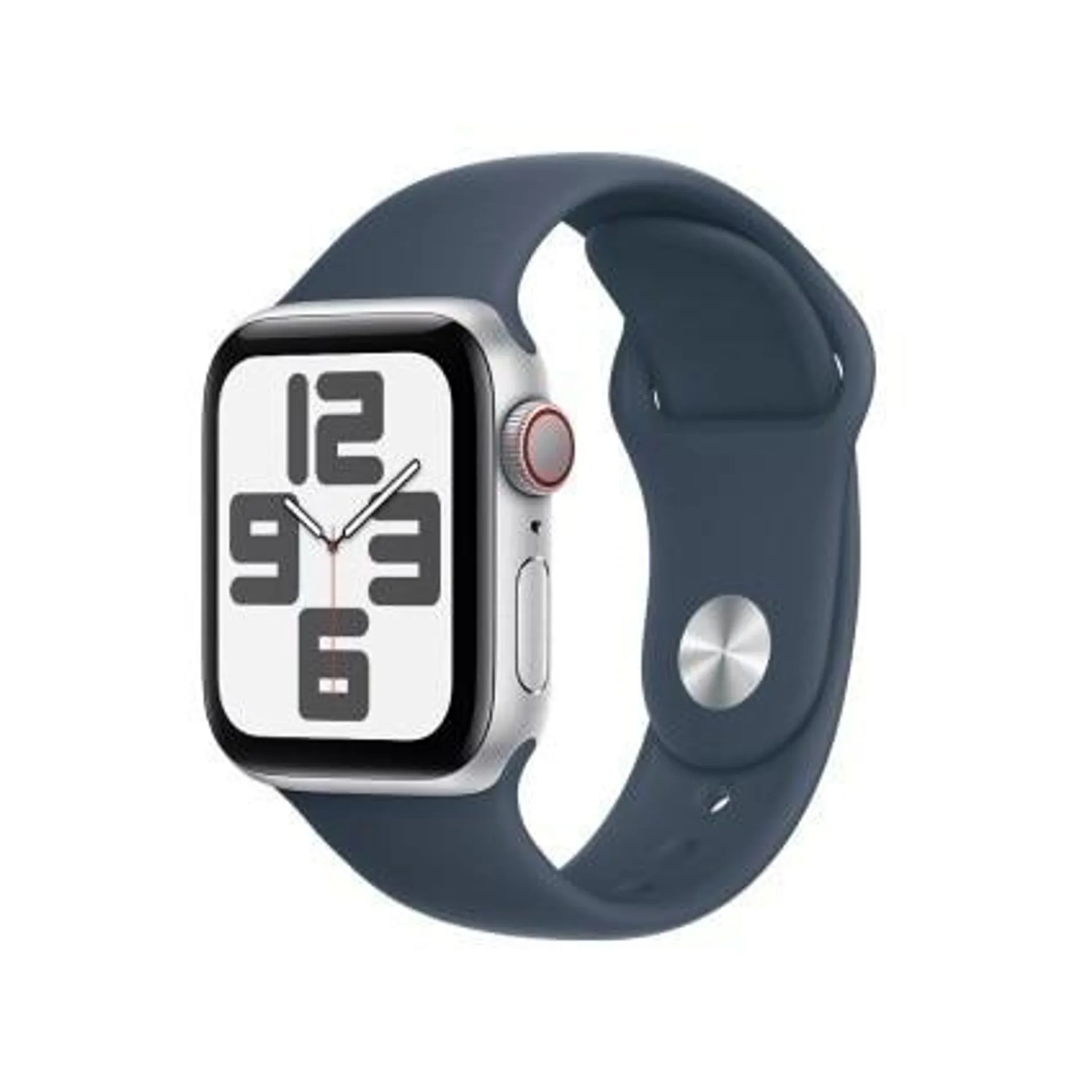 Apple Watch SE GPS • Caixa prateada de alumínio – 44 mm • Pulseira esportiva azul-tempestade – M/G