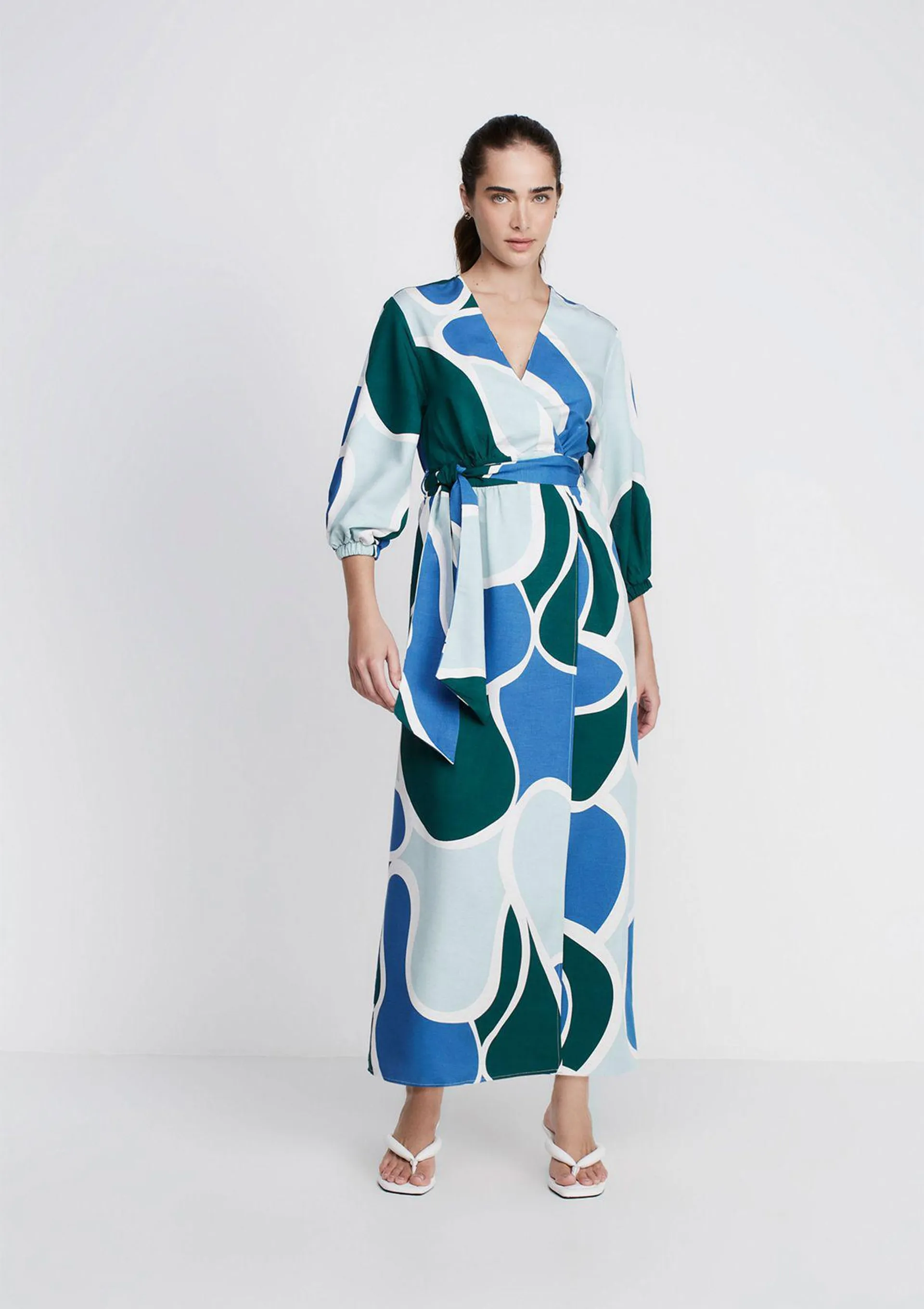 Vestido Midi Manga Longa Decote V Estampado - Azul