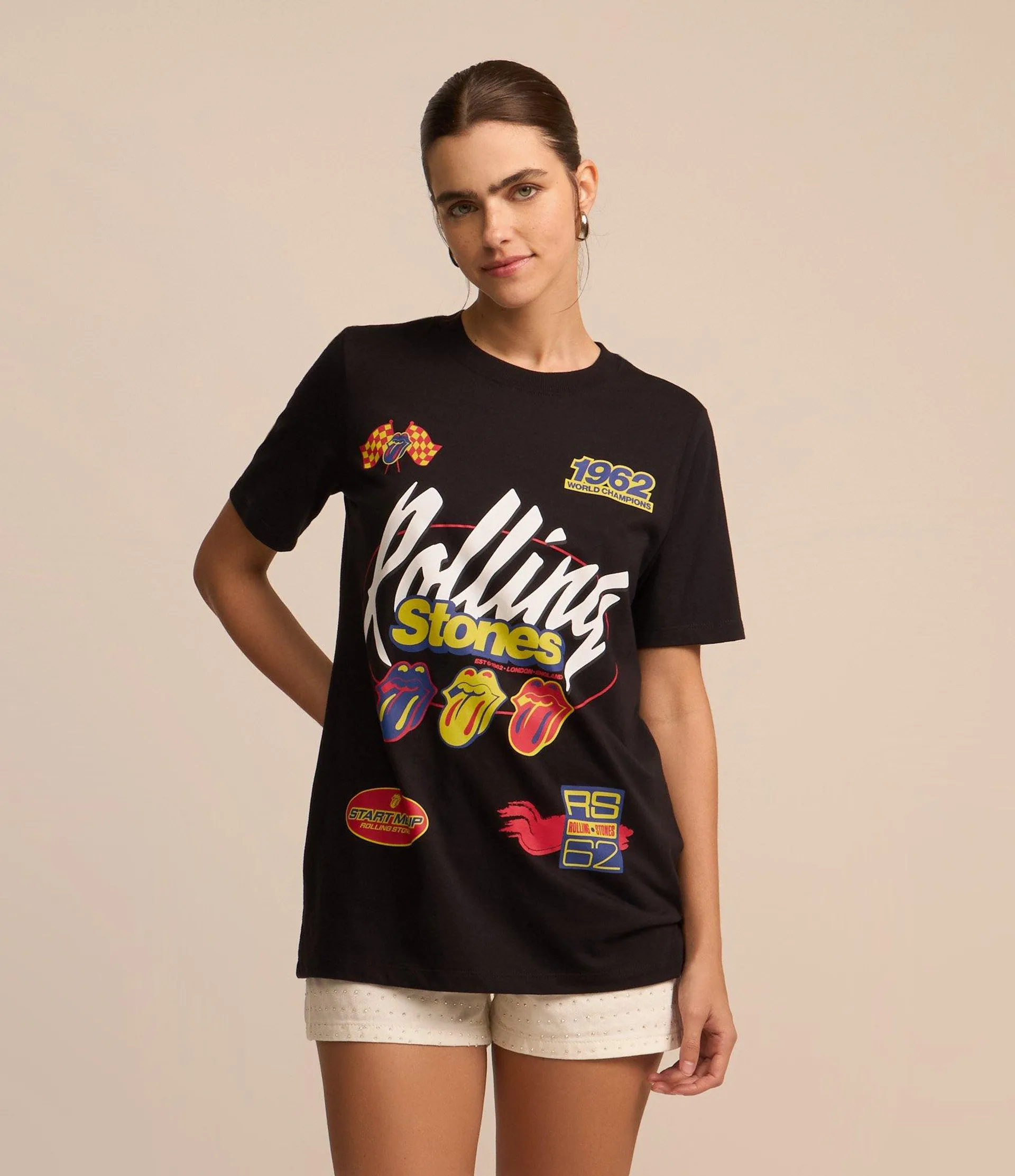 Camiseta Alongada em Algodão com Estampa Rolling Stones Preto