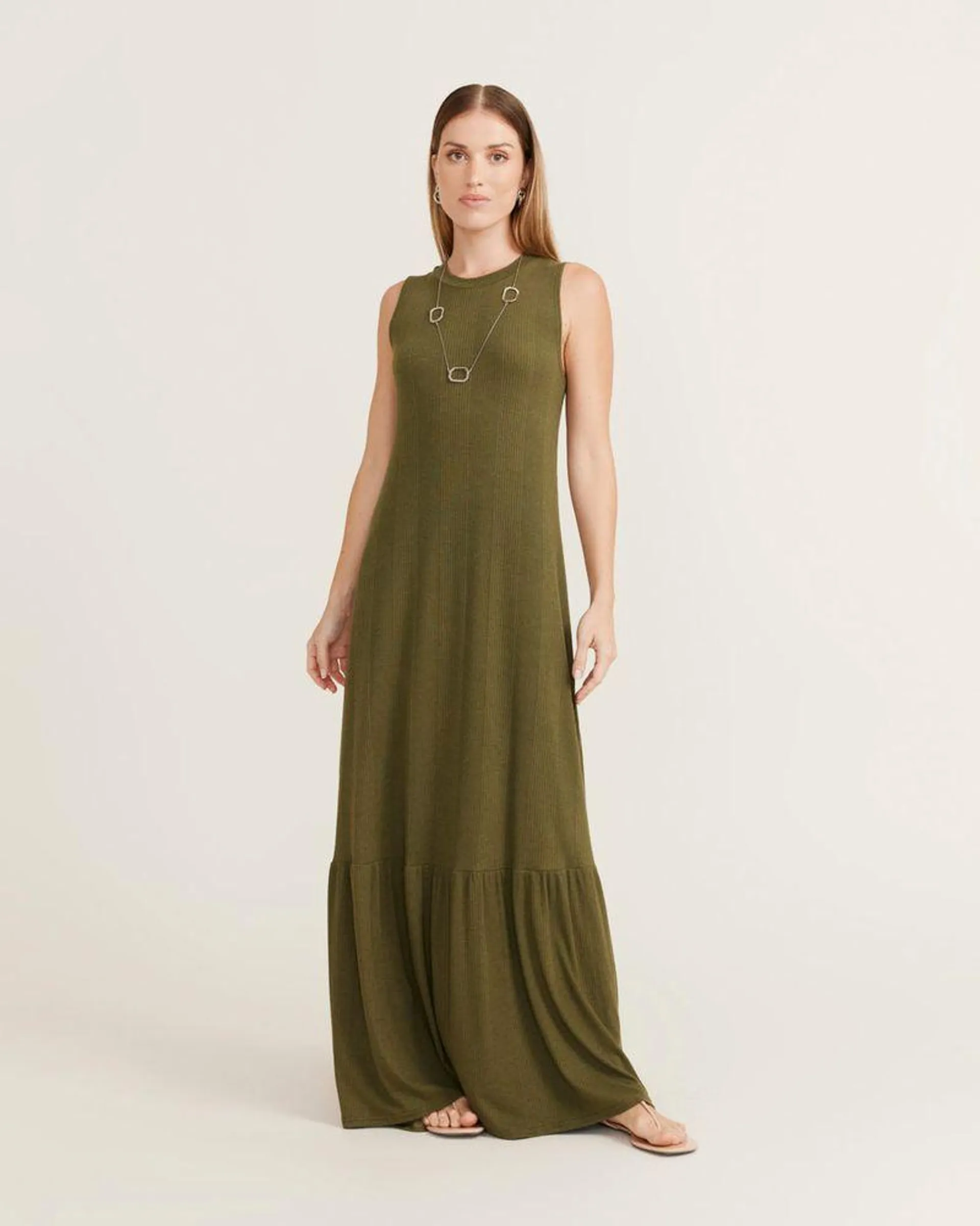 Vestido Longo Marias Decote Canoa - Verde Oliva