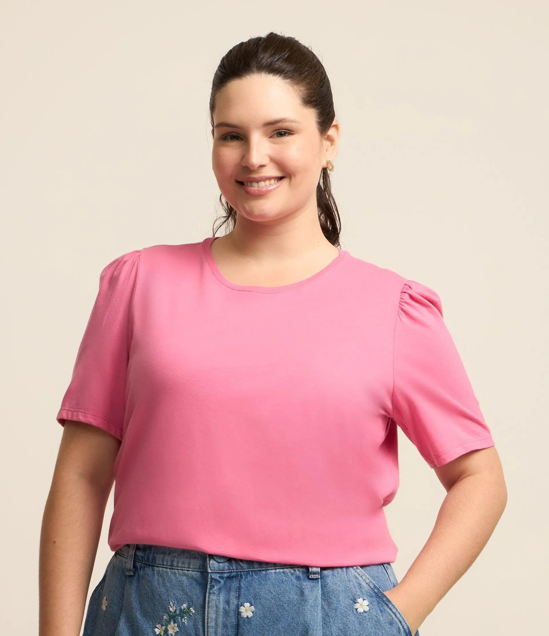 Blusa em Algodão com Manga Curta Bufante Curve & Plus Size Rosa