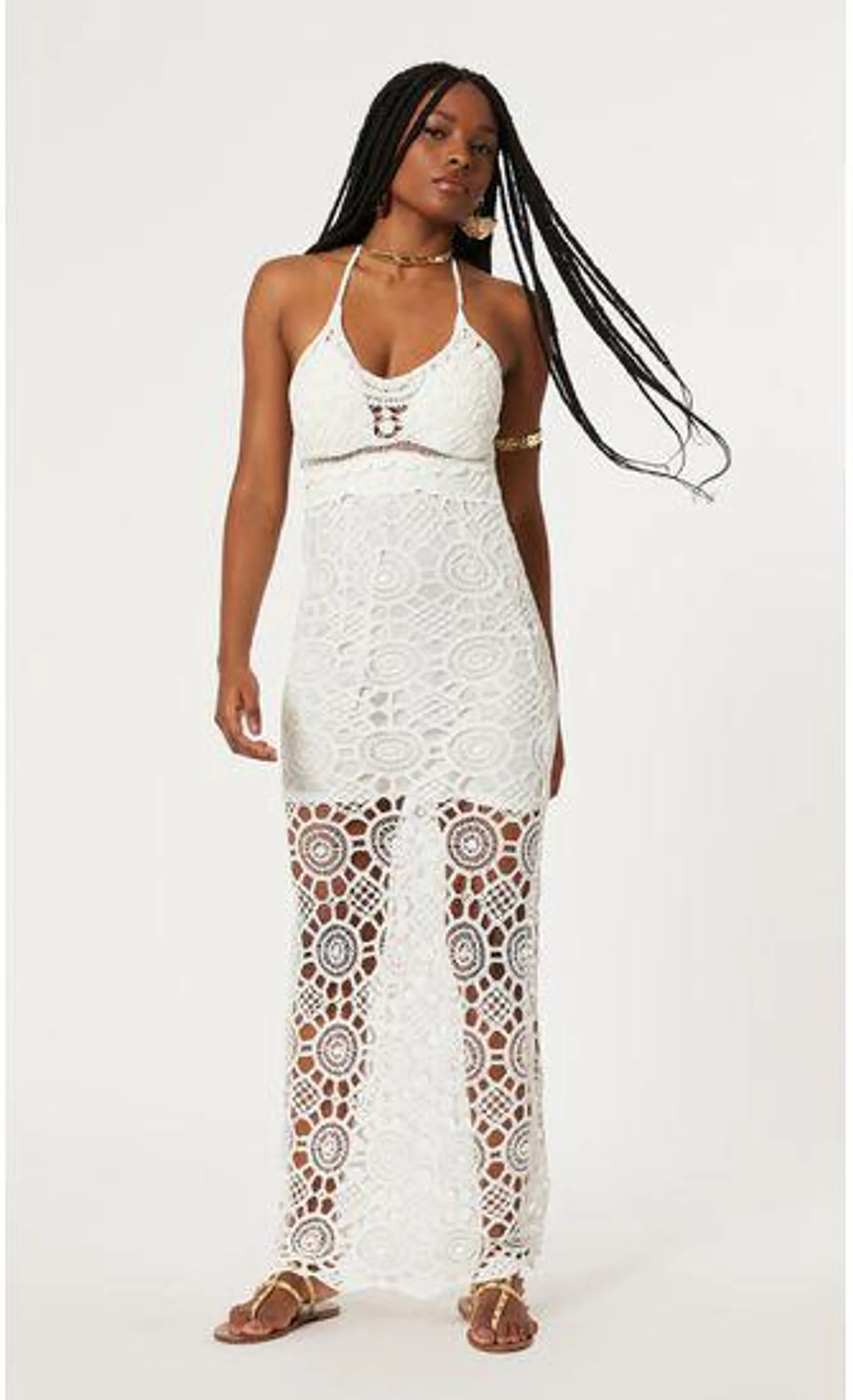Vestido Longo Crochê Decote - Off
