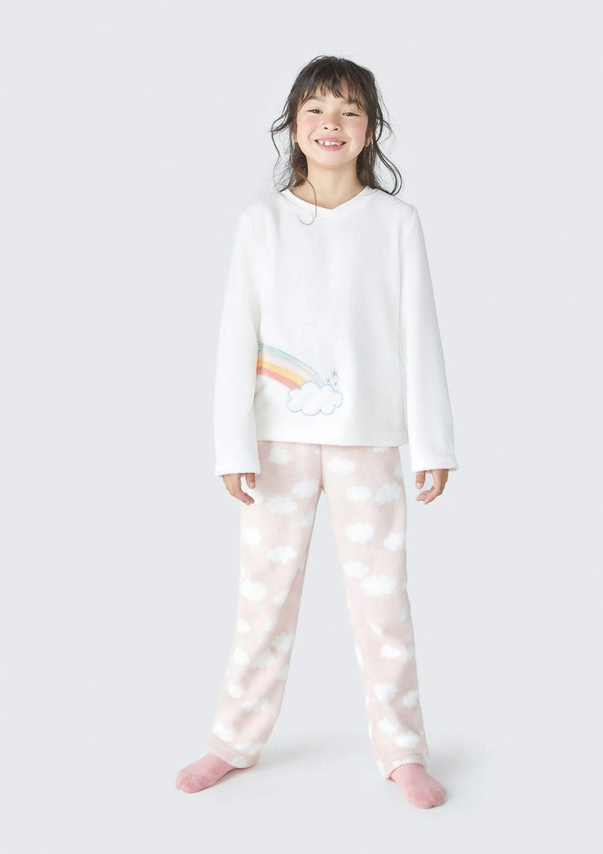 Pijama Infantil Menina Longo Estampado Em Fleece - Off White