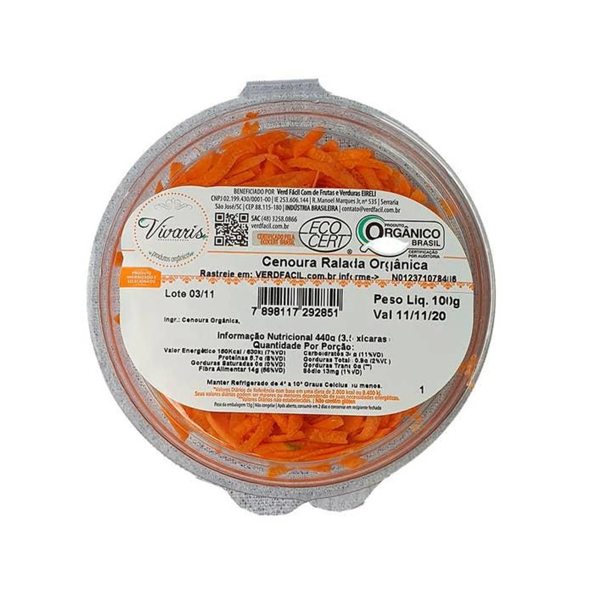 Cenoura Vivaris Orgânica Ralada Pote 100g