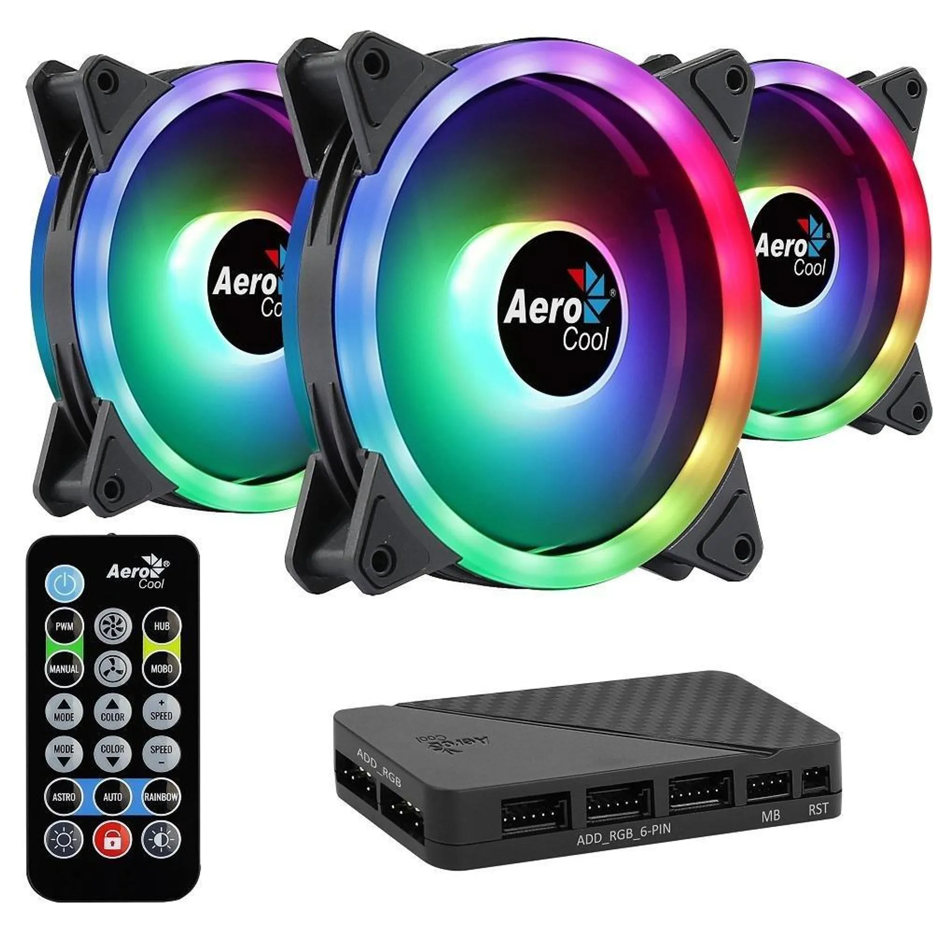 Kit Fan 120mm para gabinete com 3 unidades, Aerocool Duo 12 ARGB Pro, com Controlador