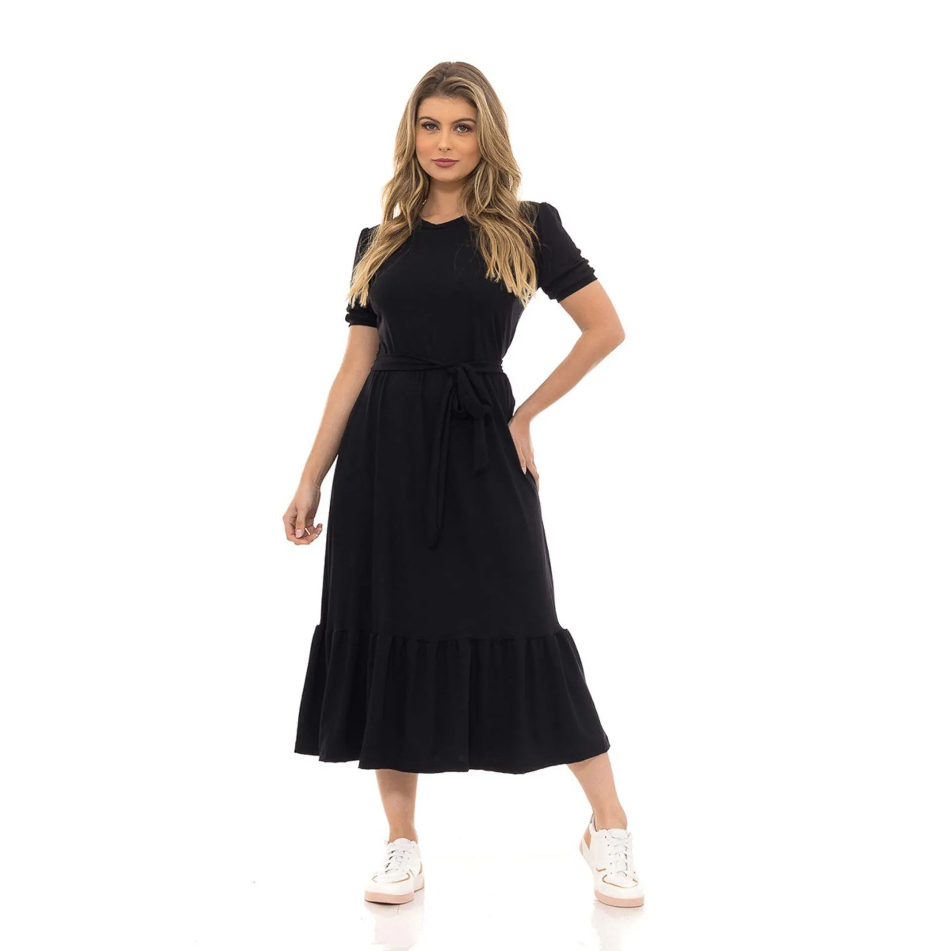 Vestido Faixa Babado Liso Preto