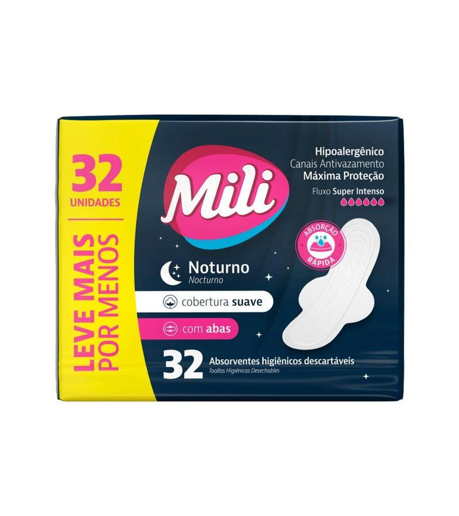 Absorvente Mili Noturno Com 32 Leve+ Pague- Suave Com Abas Especial