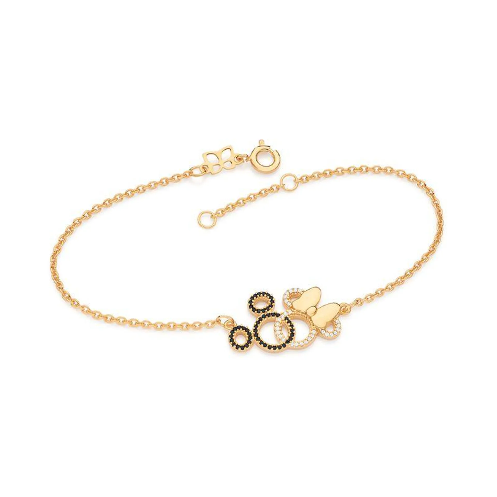 PULSEIRA MICKEY E MINNIE ENTRELAÇADOS BANHADO A OURO 18K COM ZIRCÔNIAS - TAM.20 5521522009