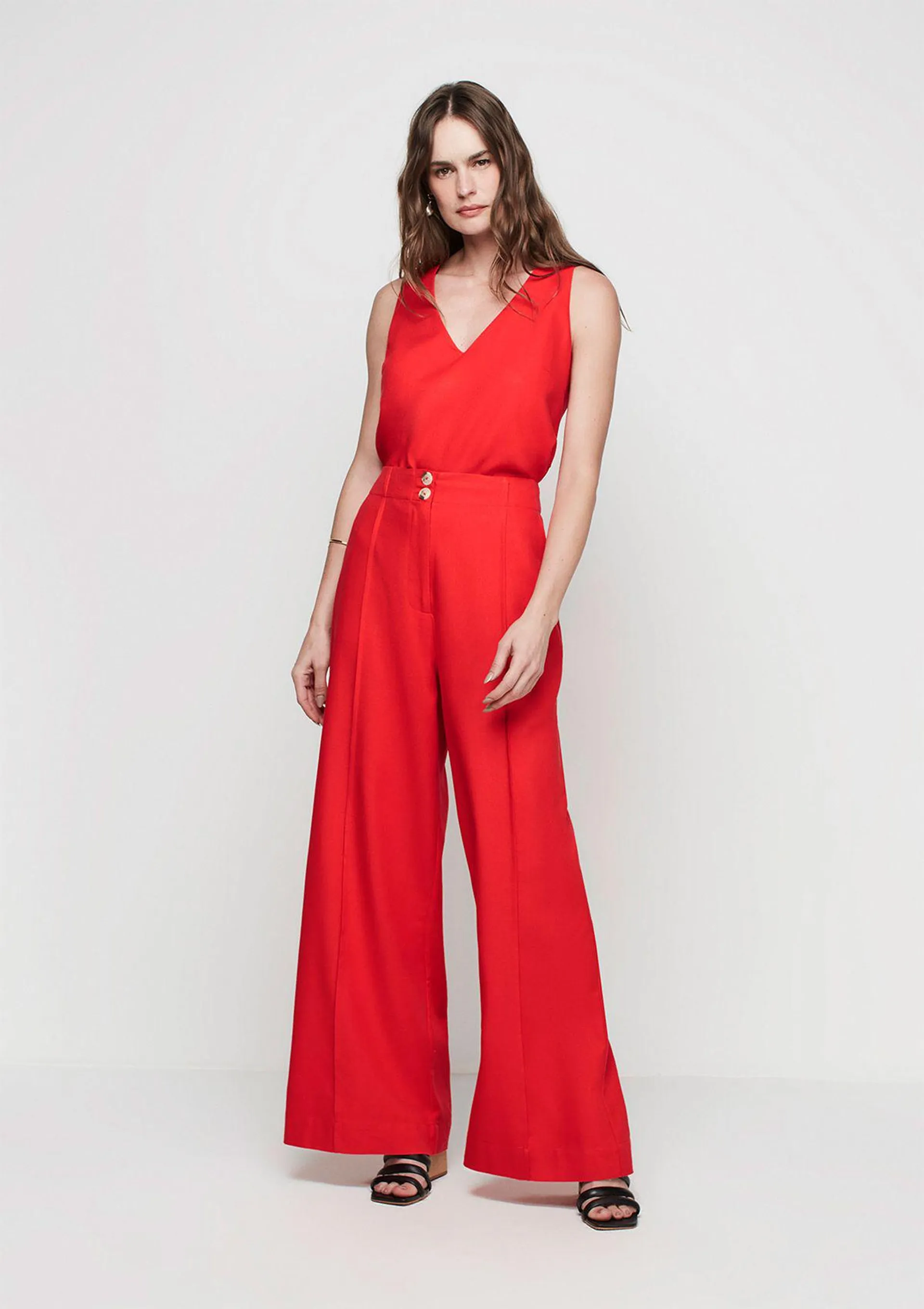 Calça Pantalona Cintura Alta Com Linho - Vermelho