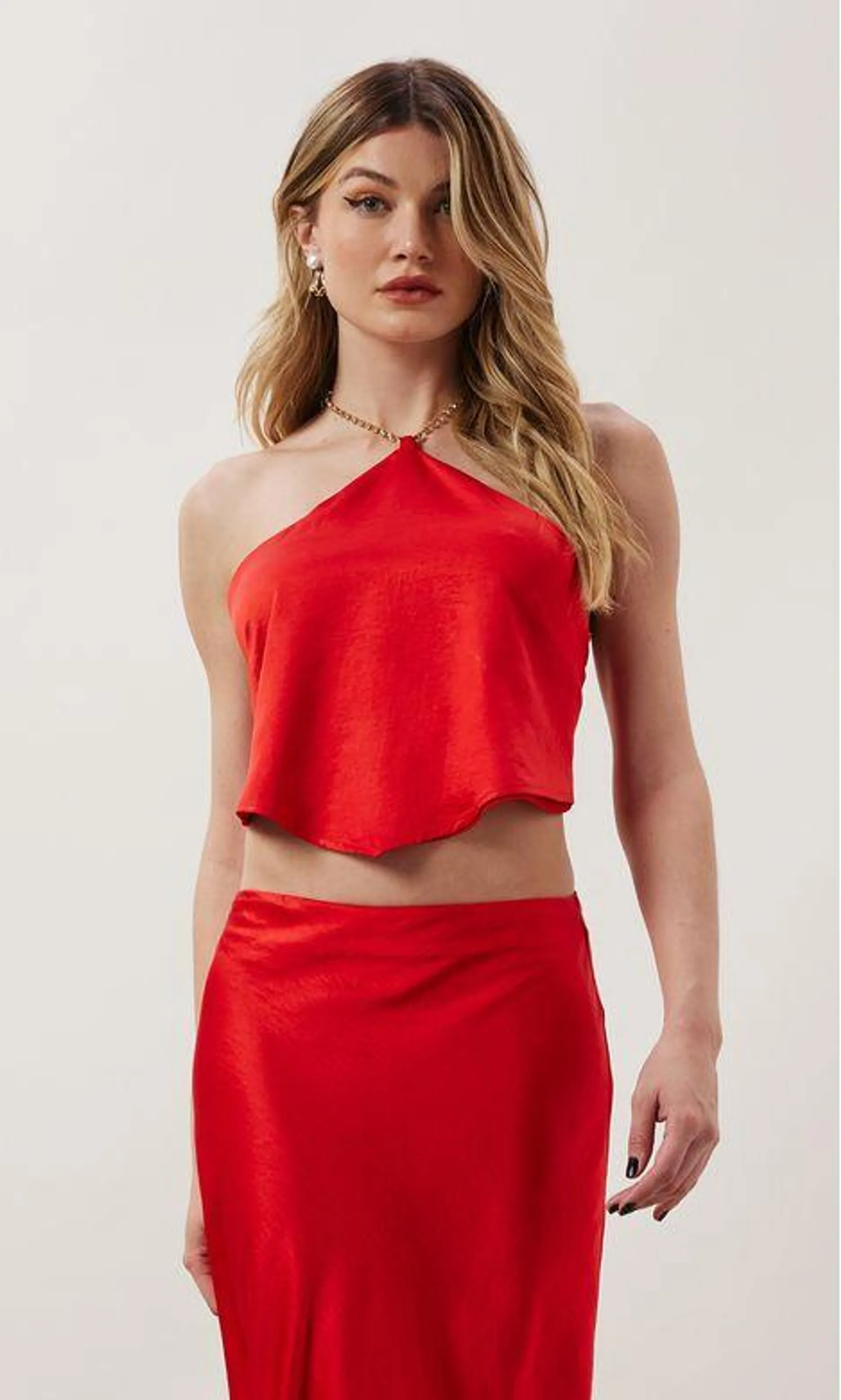 Cropped Satin Corrente Single Front - Vermelho