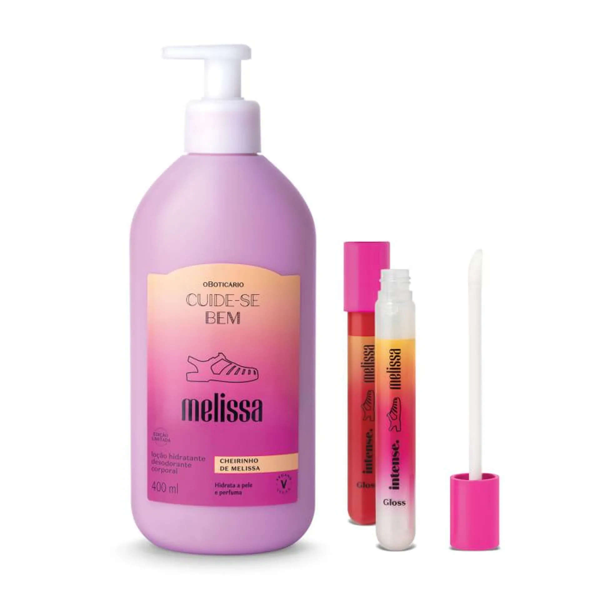 Combo Melissa: Gloss Labial Glossy Pink 5,5ml + Gloss Labial Glossy Plastic Lips 5,5ml + Loção Corporal 400ml
