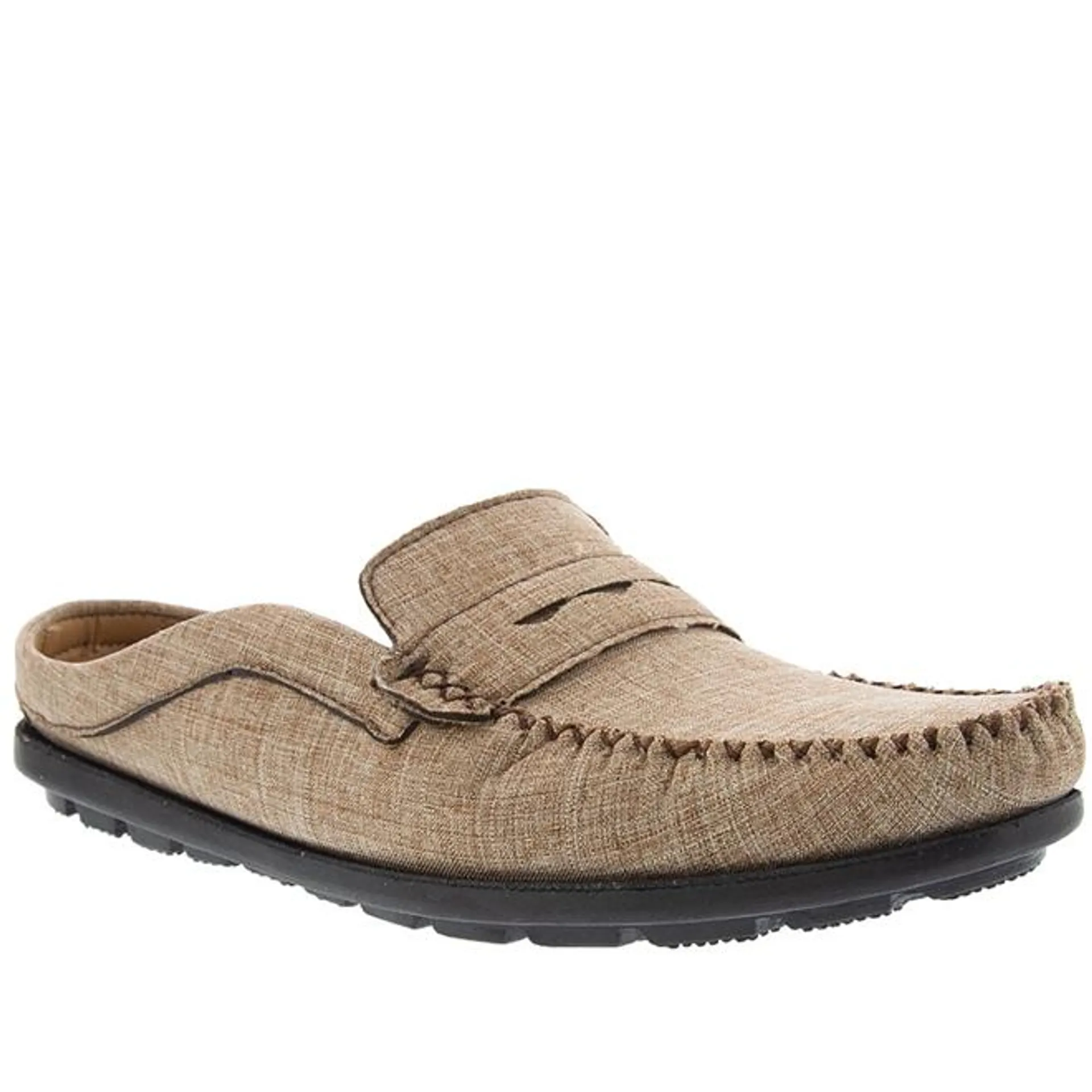 Mocassim Mule Woche Pespontos Tecido Bege