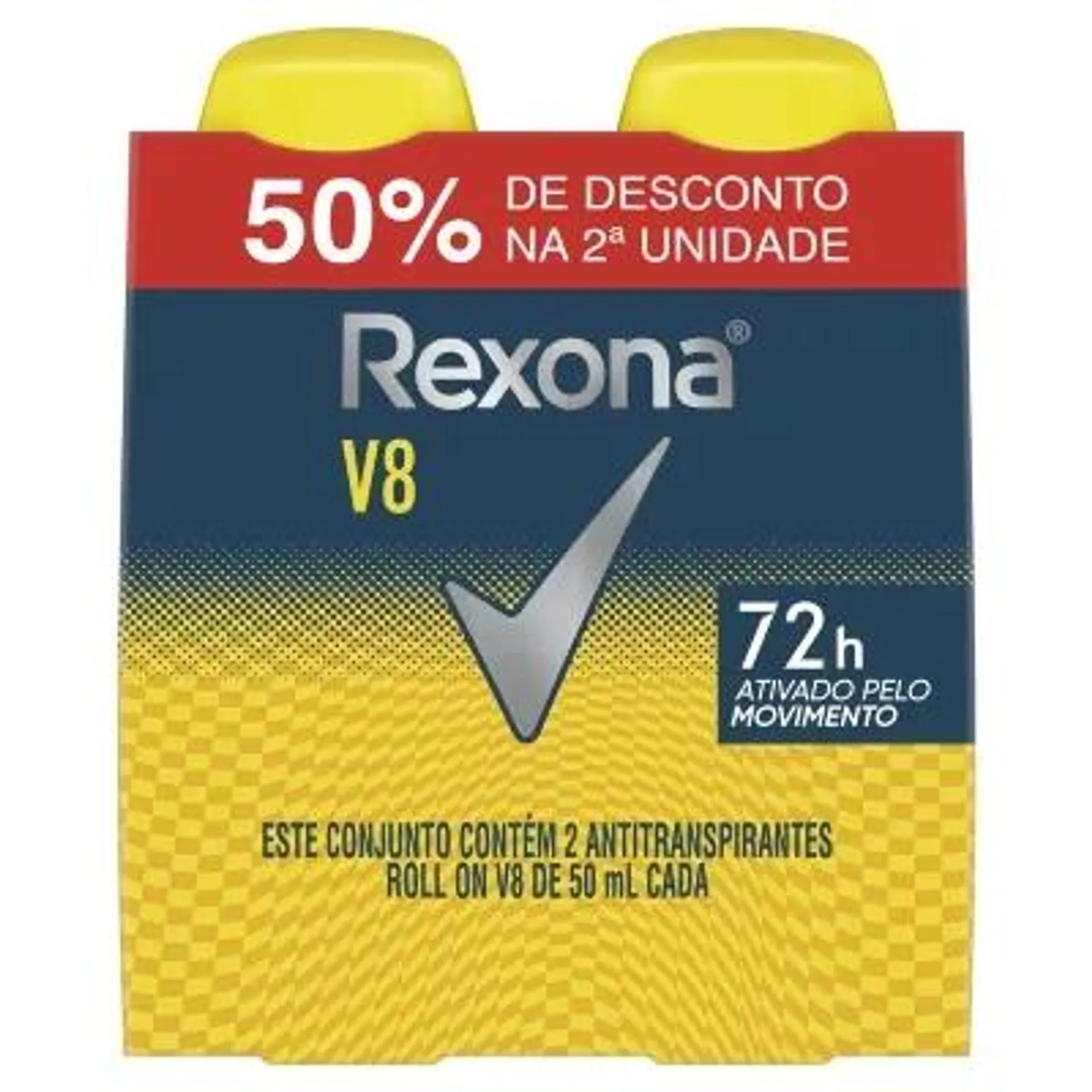 Pack Antitranspirante Roll-On V8 72h Rexona 2 Unidades 50ml Cada Grátis 50% de Desconto na 2ª Unidade